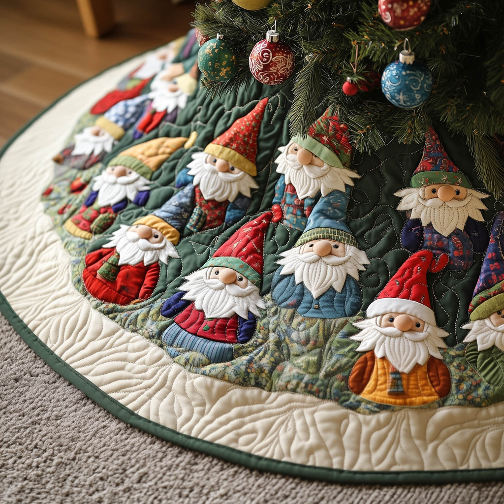 Gnomes in Red Hats on Green Christmas Tree Skirt