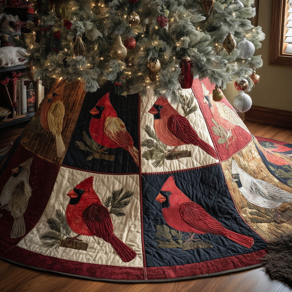 Cardinals on Navy Patchwork Christmas Tree Skirt