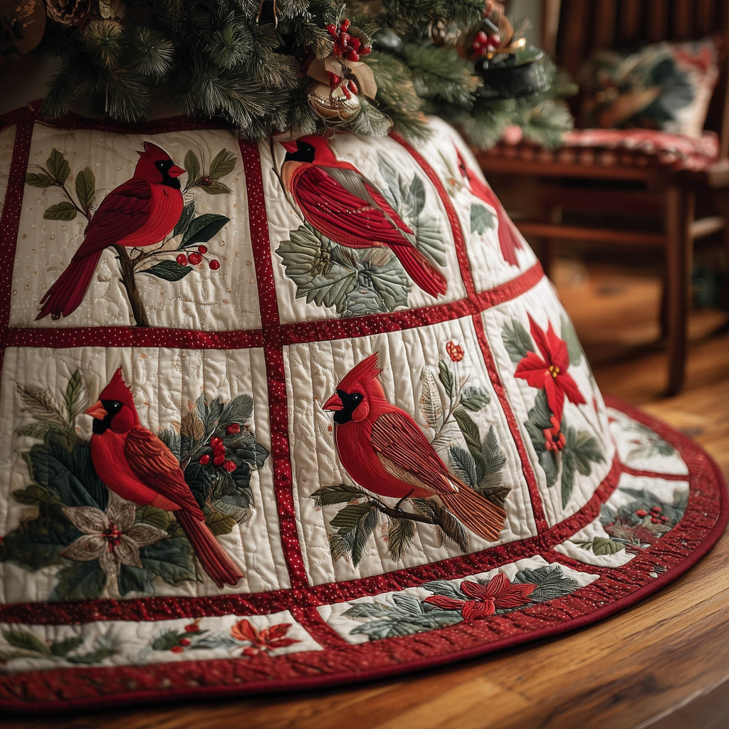 Cardinals in White Quilt Blocks Christmas Tree Skirt