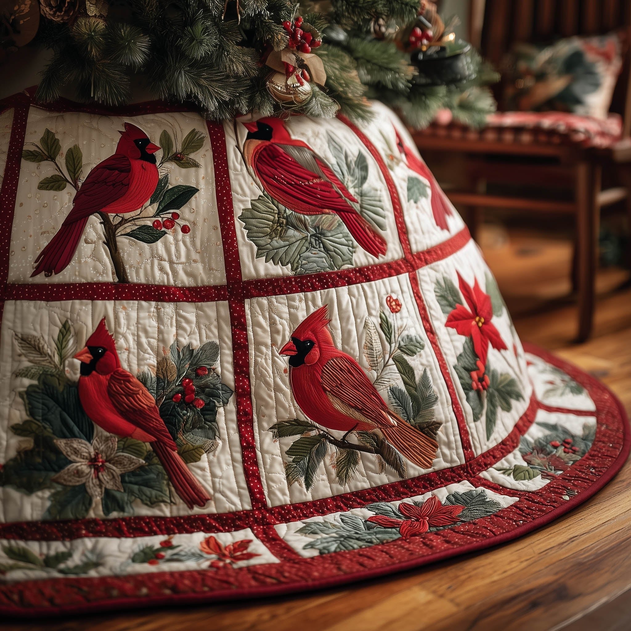 Cardinals in White Quilt Blocks Christmas Tree Skirt