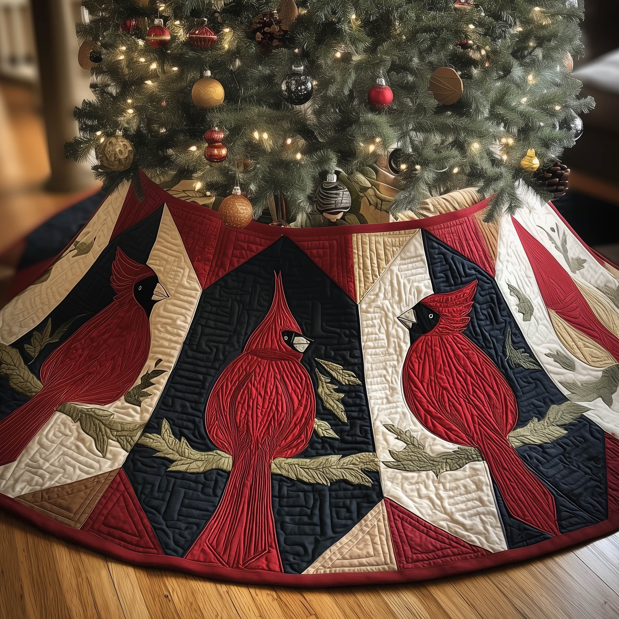 Cardinal Blocks in Red and Black Christmas Tree Skirt