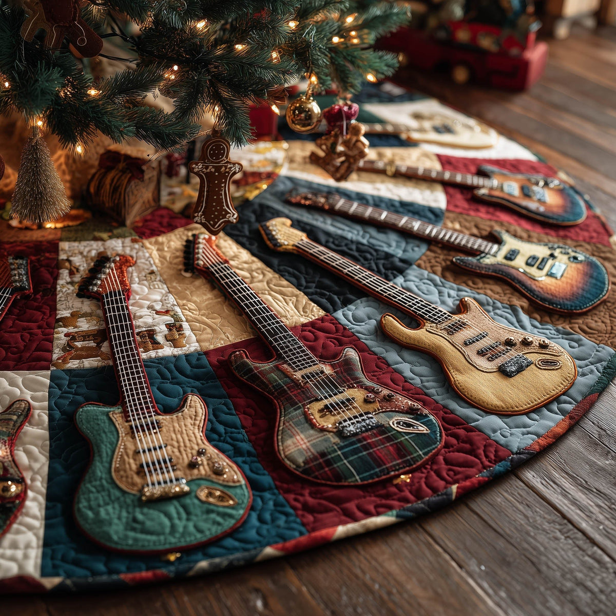Guitars on Red and Teal Patchwork Christmas Tree Skirt