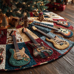 Guitars on Red and Teal Patchwork Christmas Tree Skirt