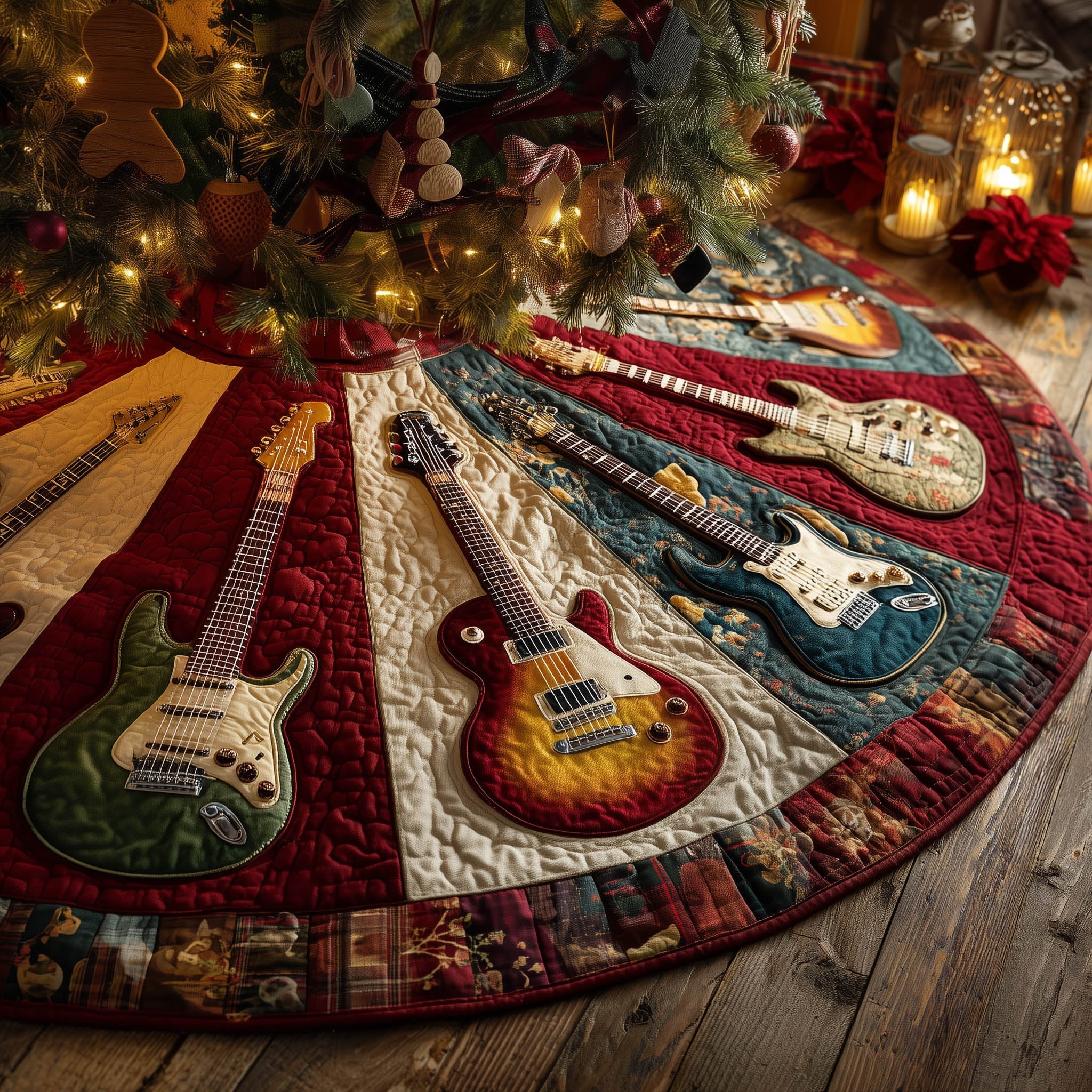 Guitars on Cream and Red Patchwork Christmas Tree Skirt