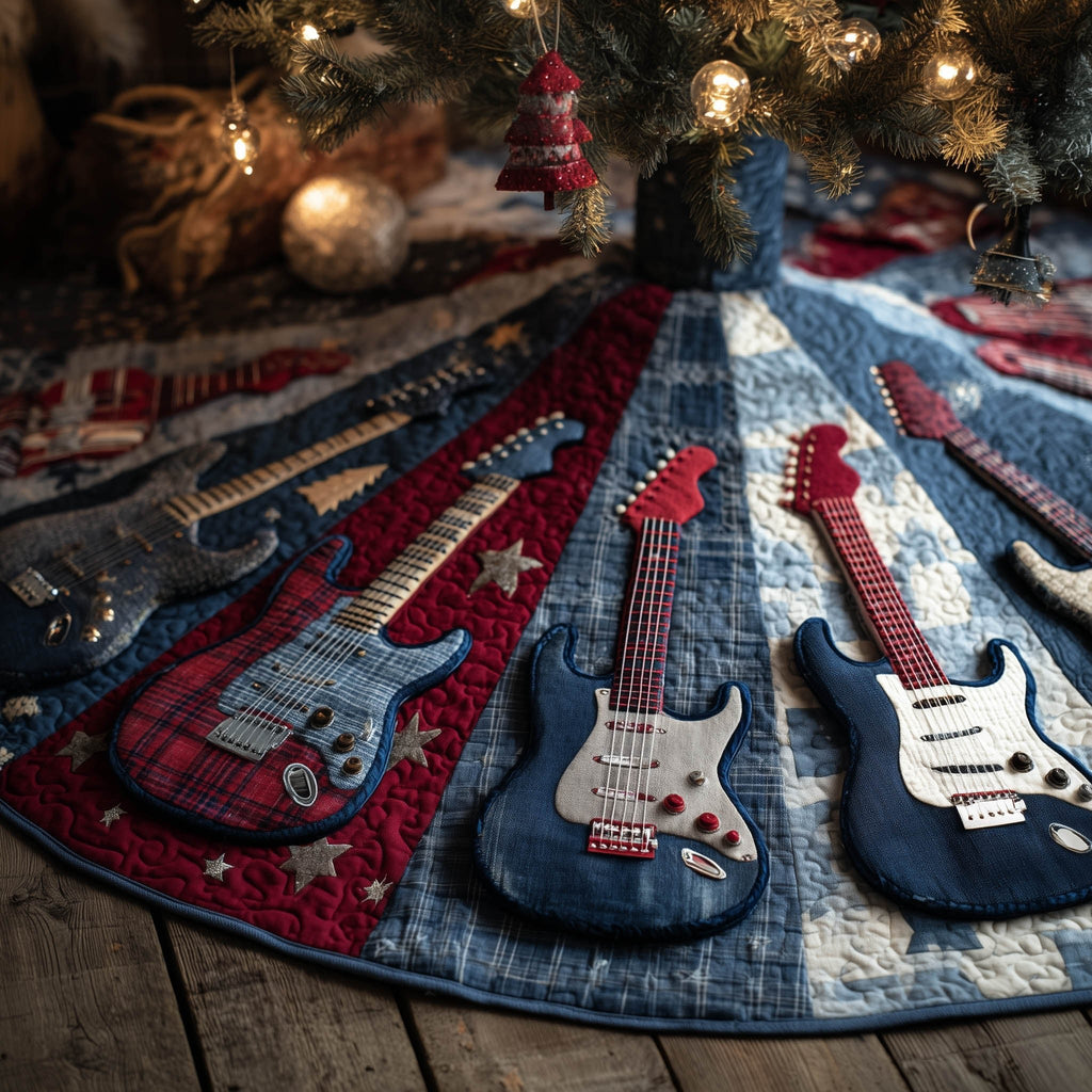 Guitars on Denim and Red Plaid Christmas Tree Skirt