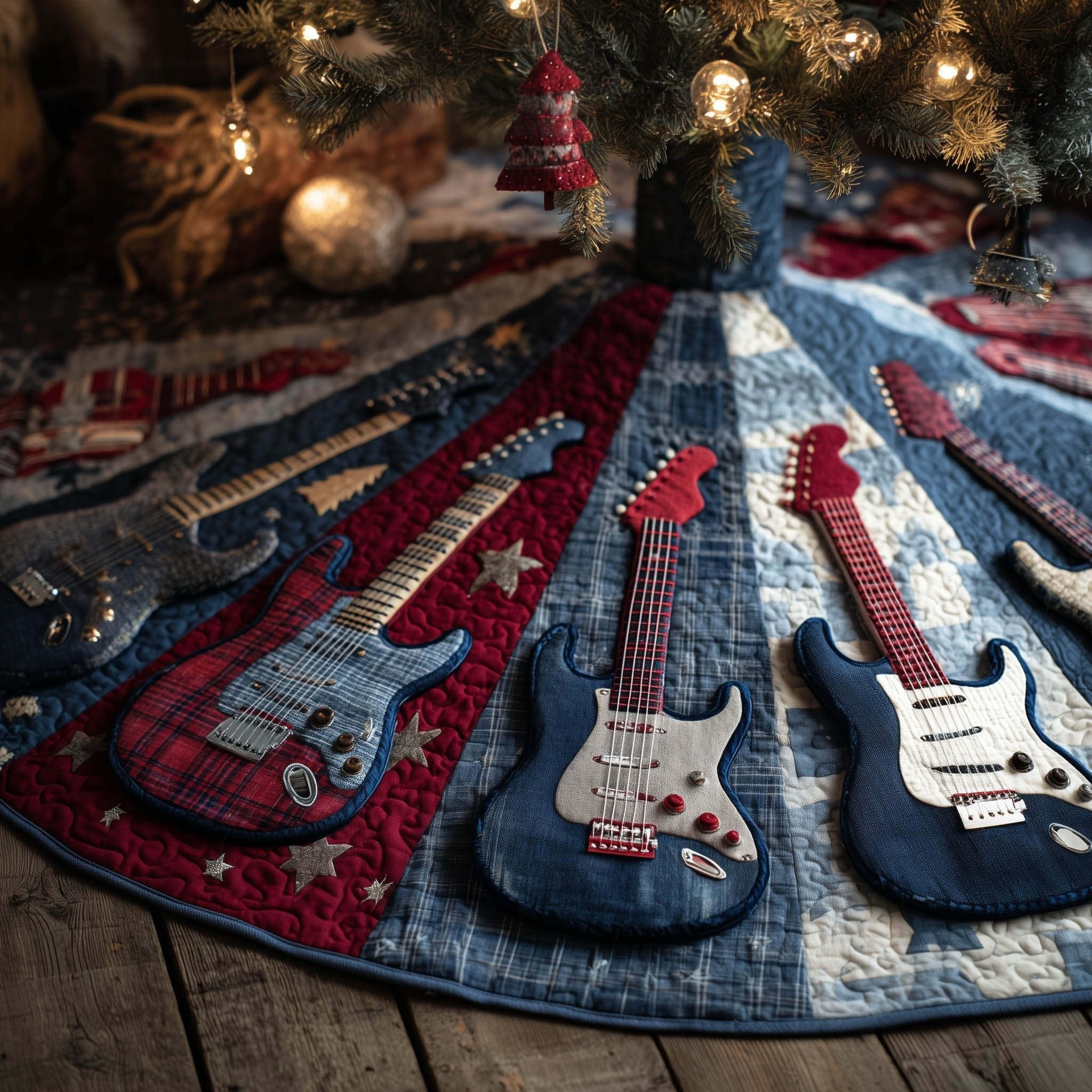 Guitars on Denim and Red Plaid Christmas Tree Skirt