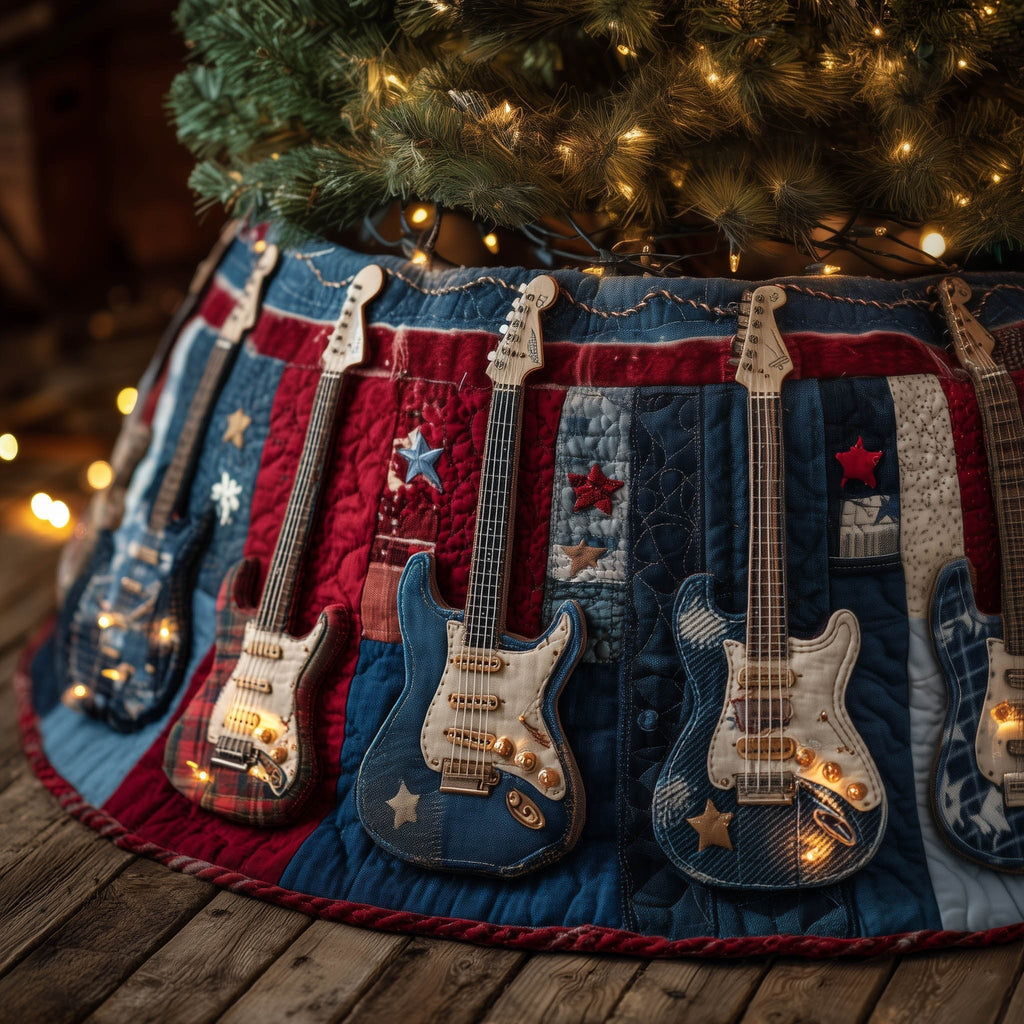 Guitars on Denim with Stars Christmas Tree Skirt