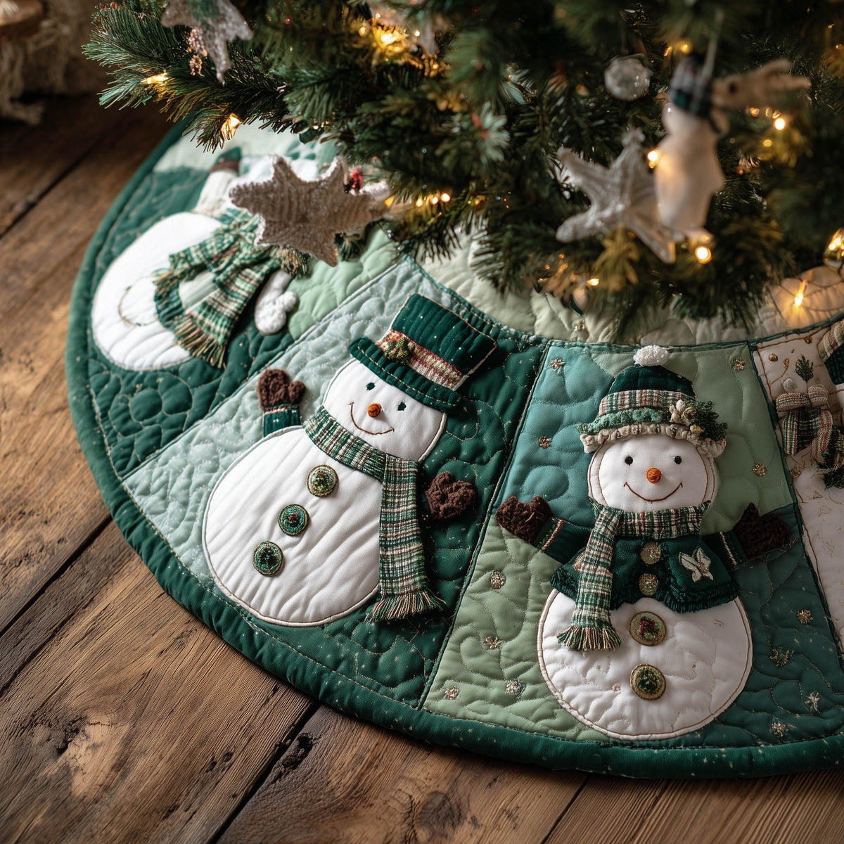 Snowmen on Sage Green Panels Christmas Tree Skirt