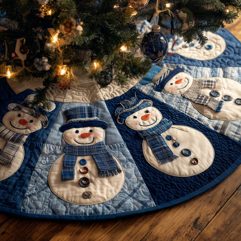 Snowmen on Blue Plaid Panels Christmas Tree Skirt