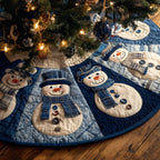 Snowmen on Blue Plaid Panels Christmas Tree Skirt