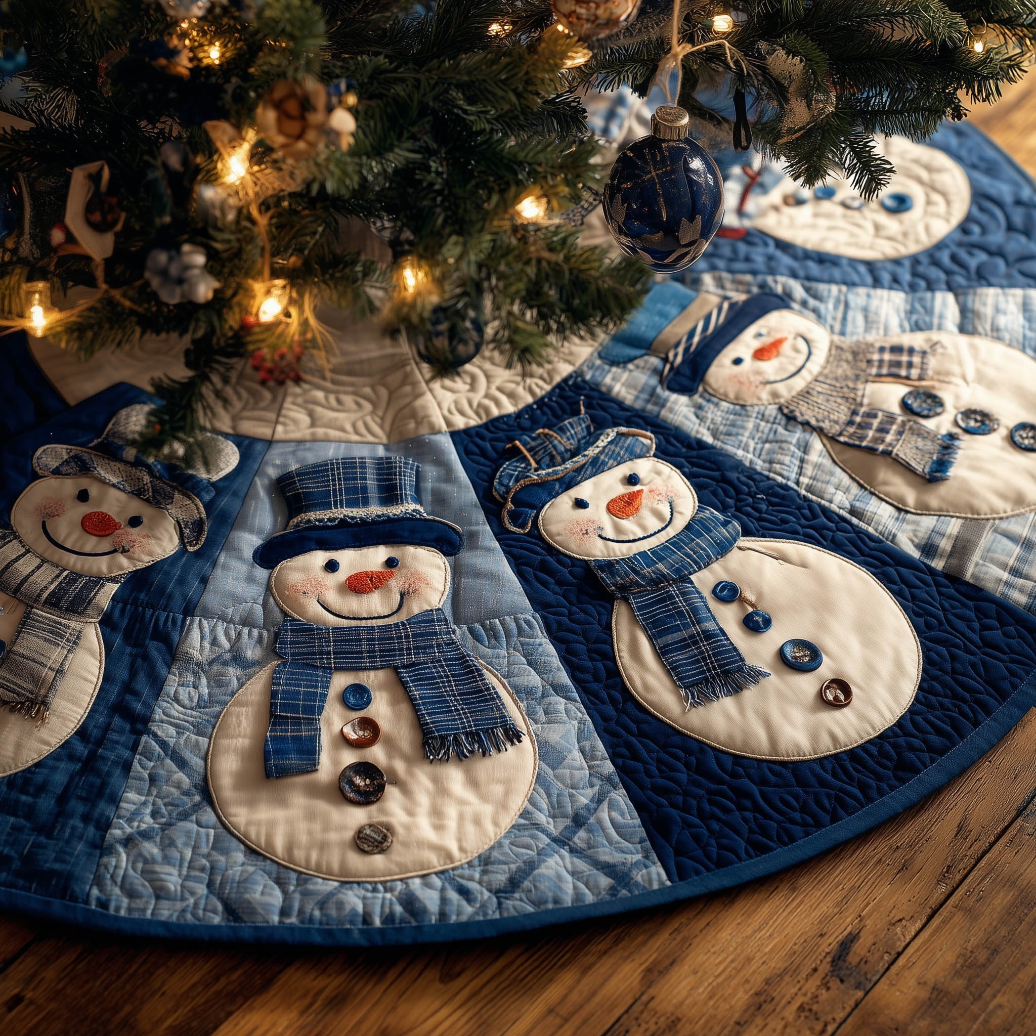 Snowmen on Blue Plaid Panels Christmas Tree Skirt