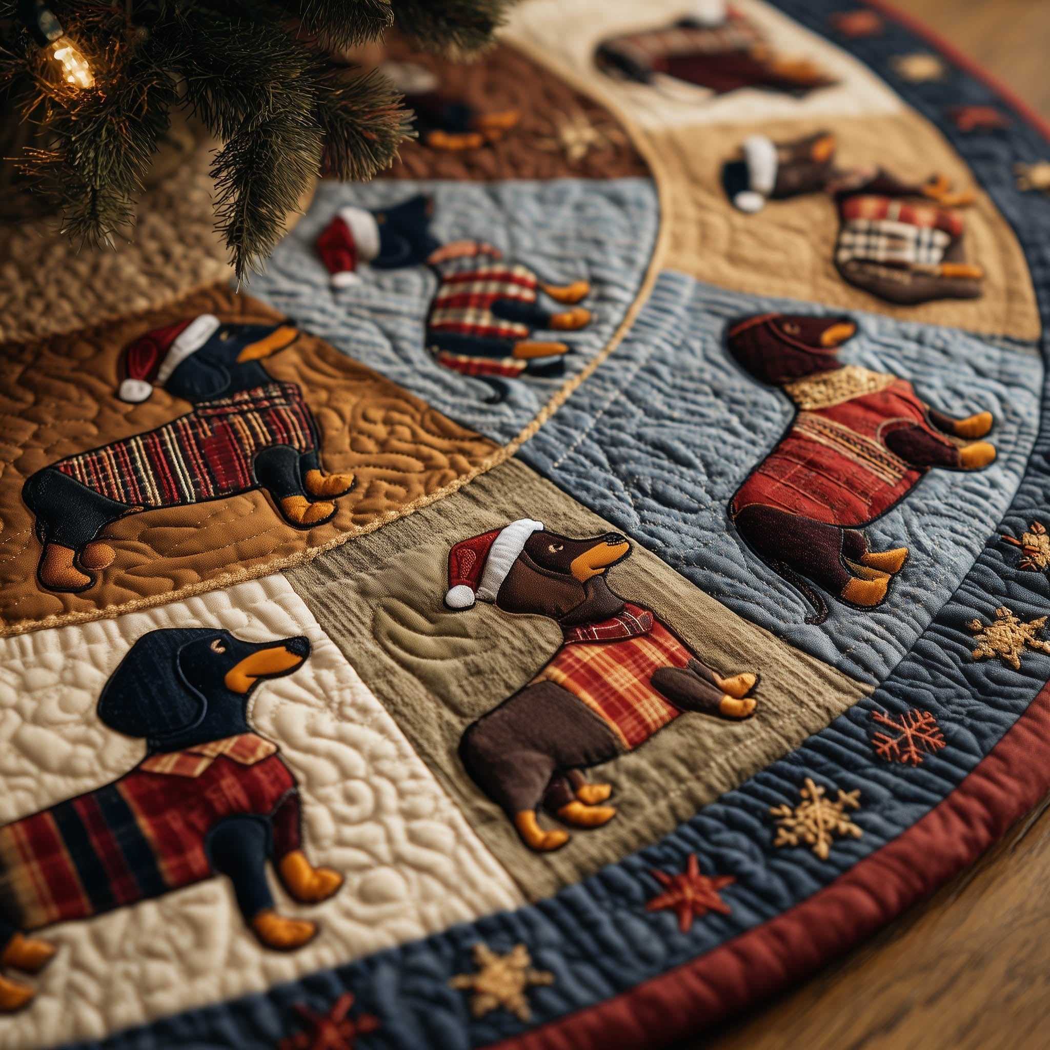 Dachshunds in Plaid Sweaters Cream Christmas Tree Skirt