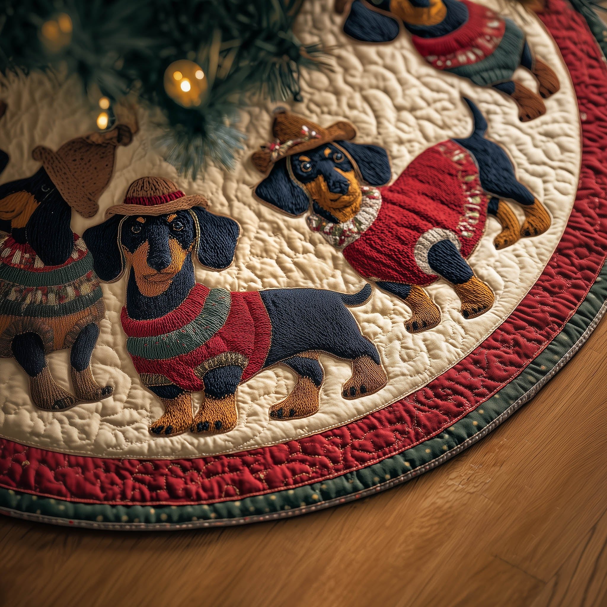 Dachshunds in Red Sweaters Red Border Christmas Tree Skirt