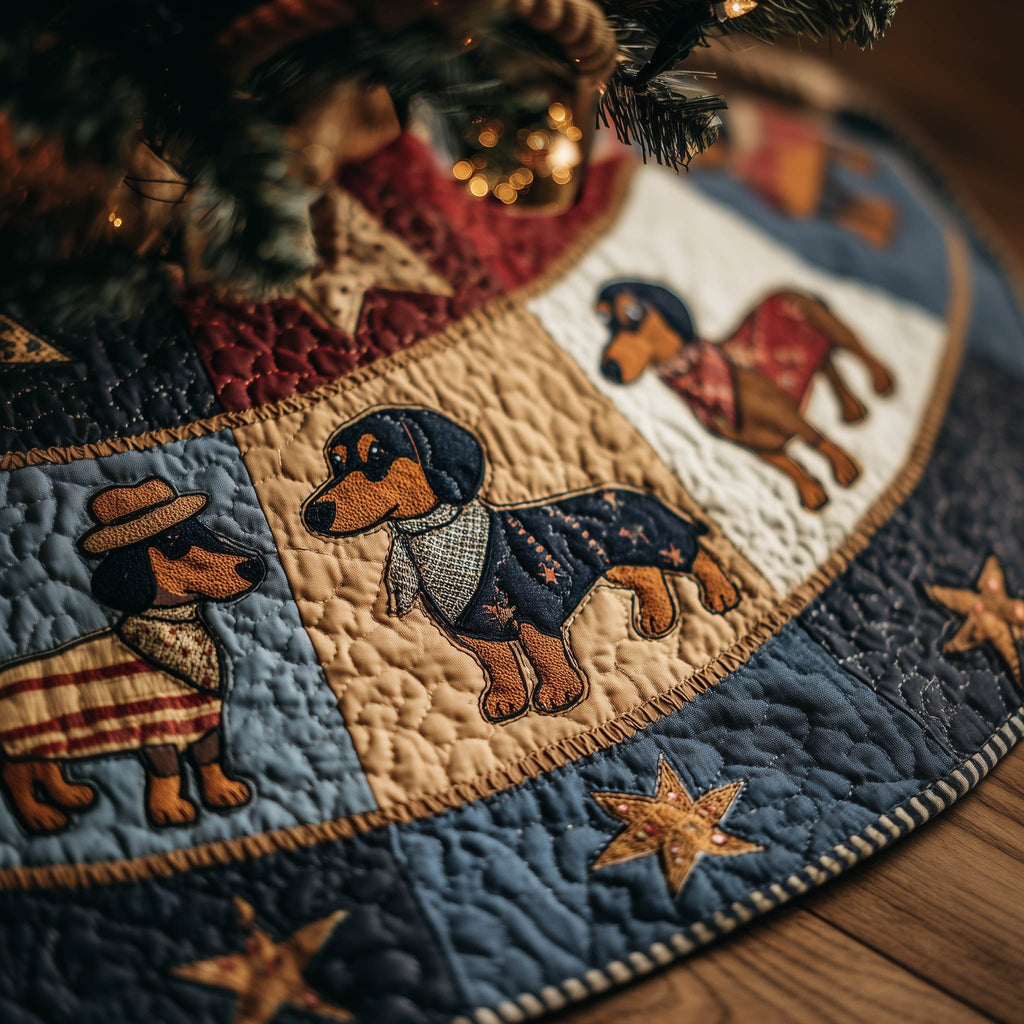 Folk Dachshunds on Denim Star Quilt Christmas Tree Skirt