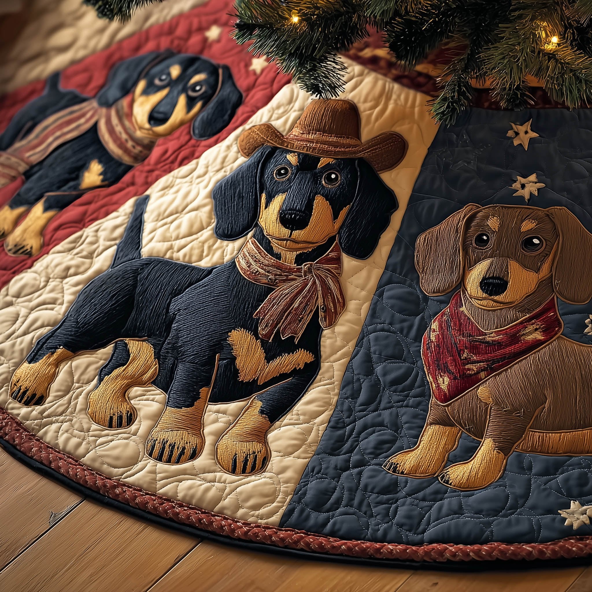 Dachshunds in Scarves Navy Patchwork Christmas Tree Skirt