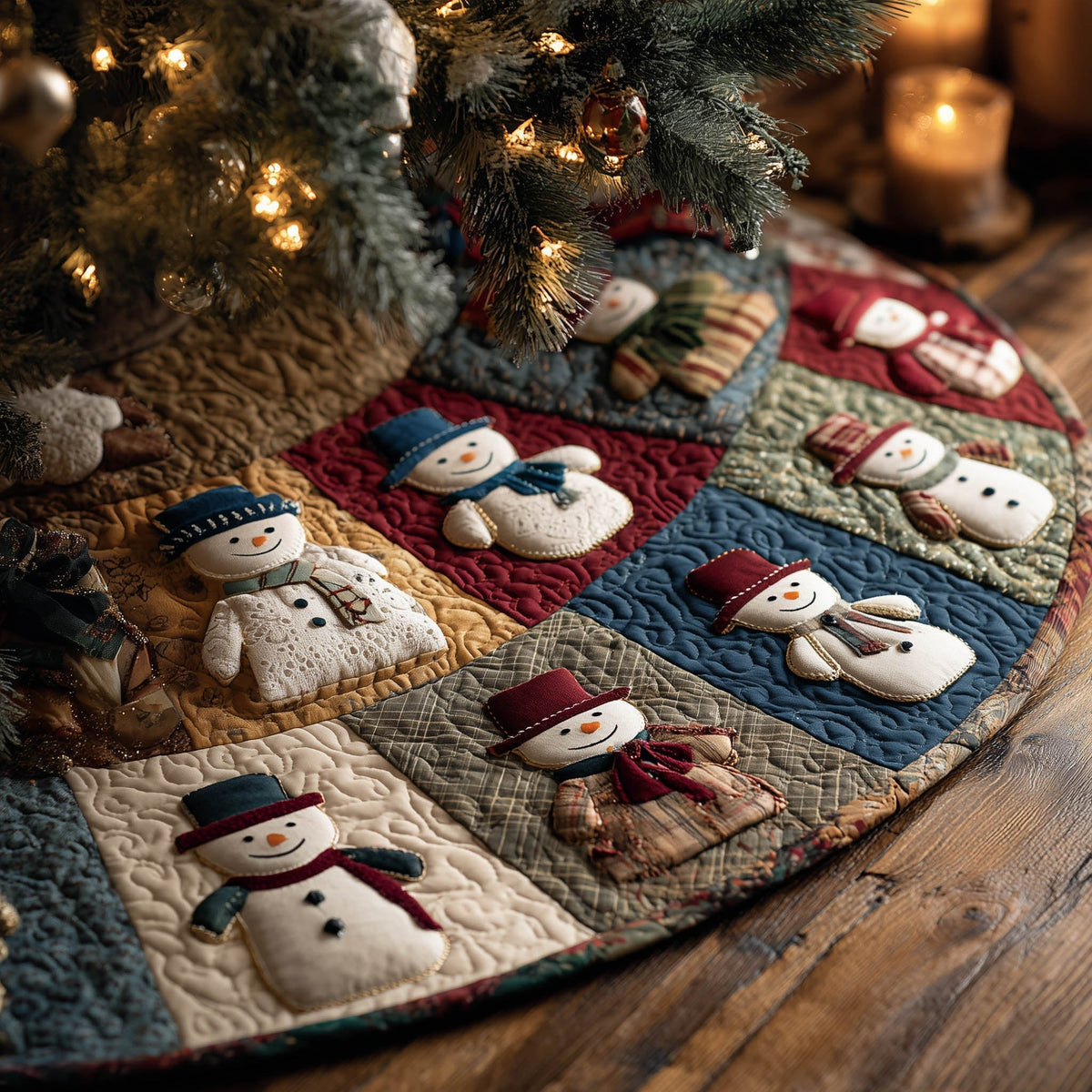 Snowman Five on the Ruby Scroll Christmas Tree Skirt