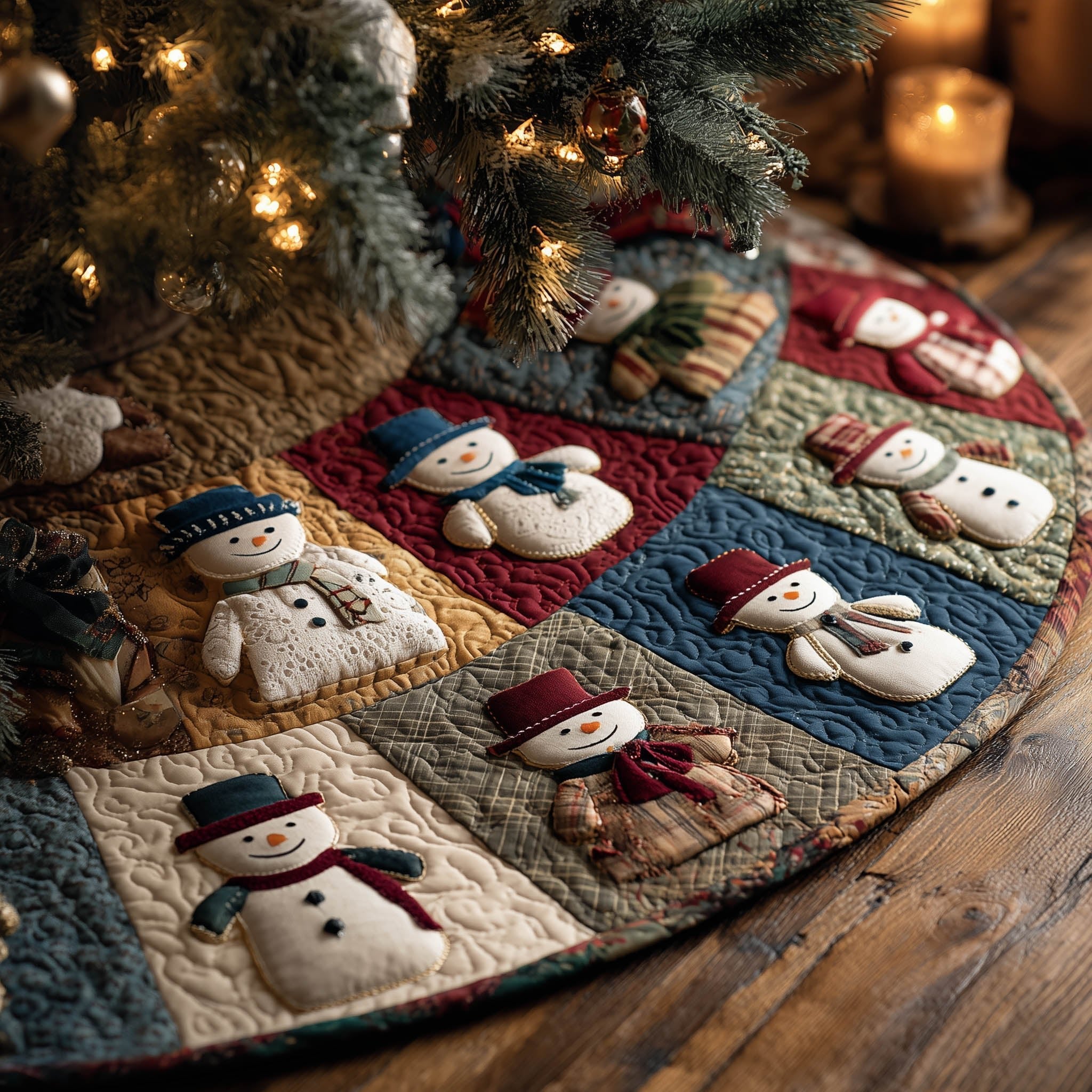 Snowman Five on the Ruby Scroll Christmas Tree Skirt