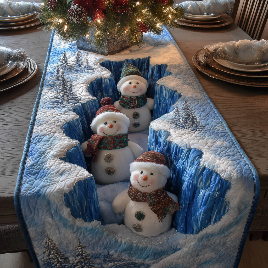 Snowmen in Blue Ice Ravine Table Runner