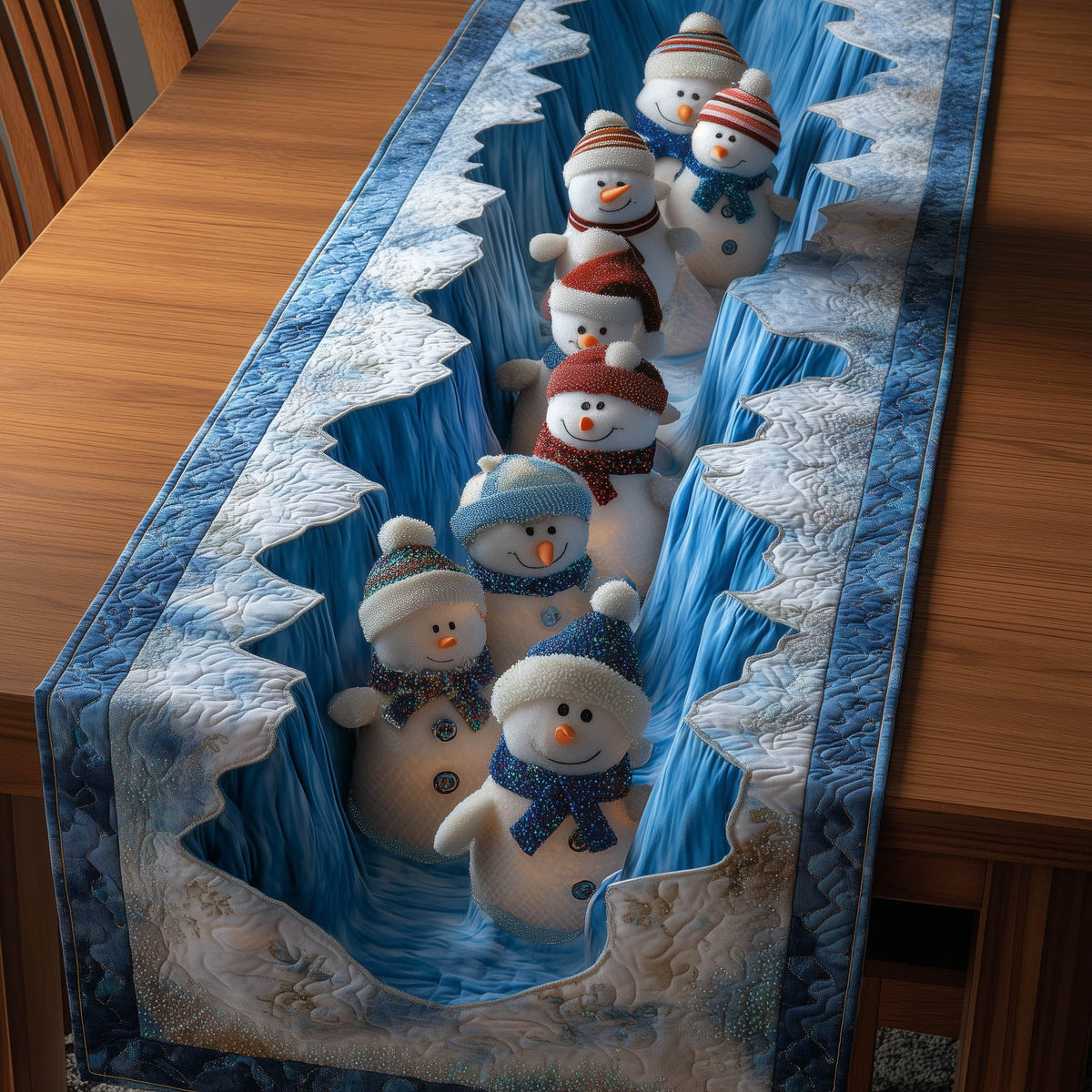 Snowmen with Red Hats on Ice Table Runner