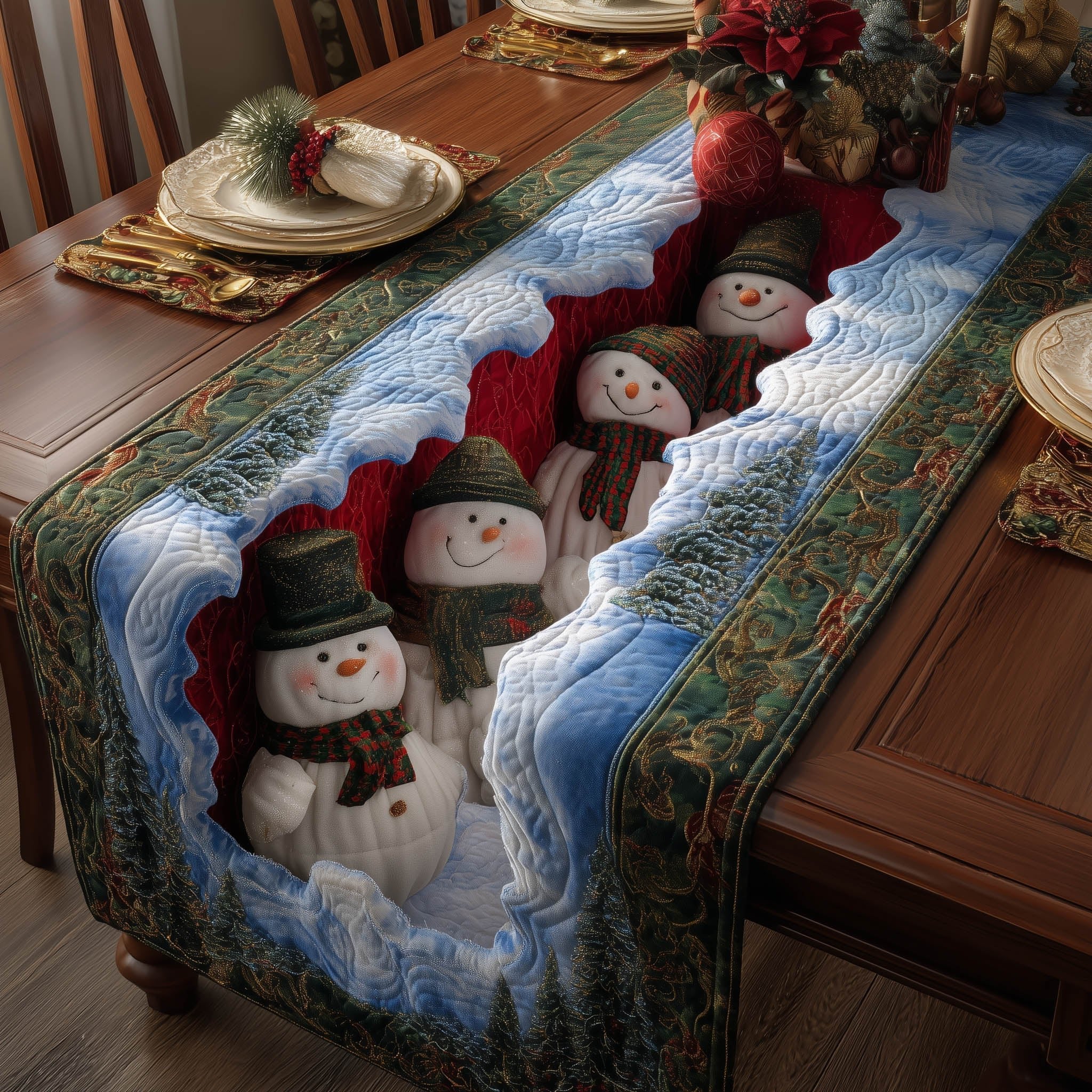 Snowmen in Green and Red Hats Table Runner
