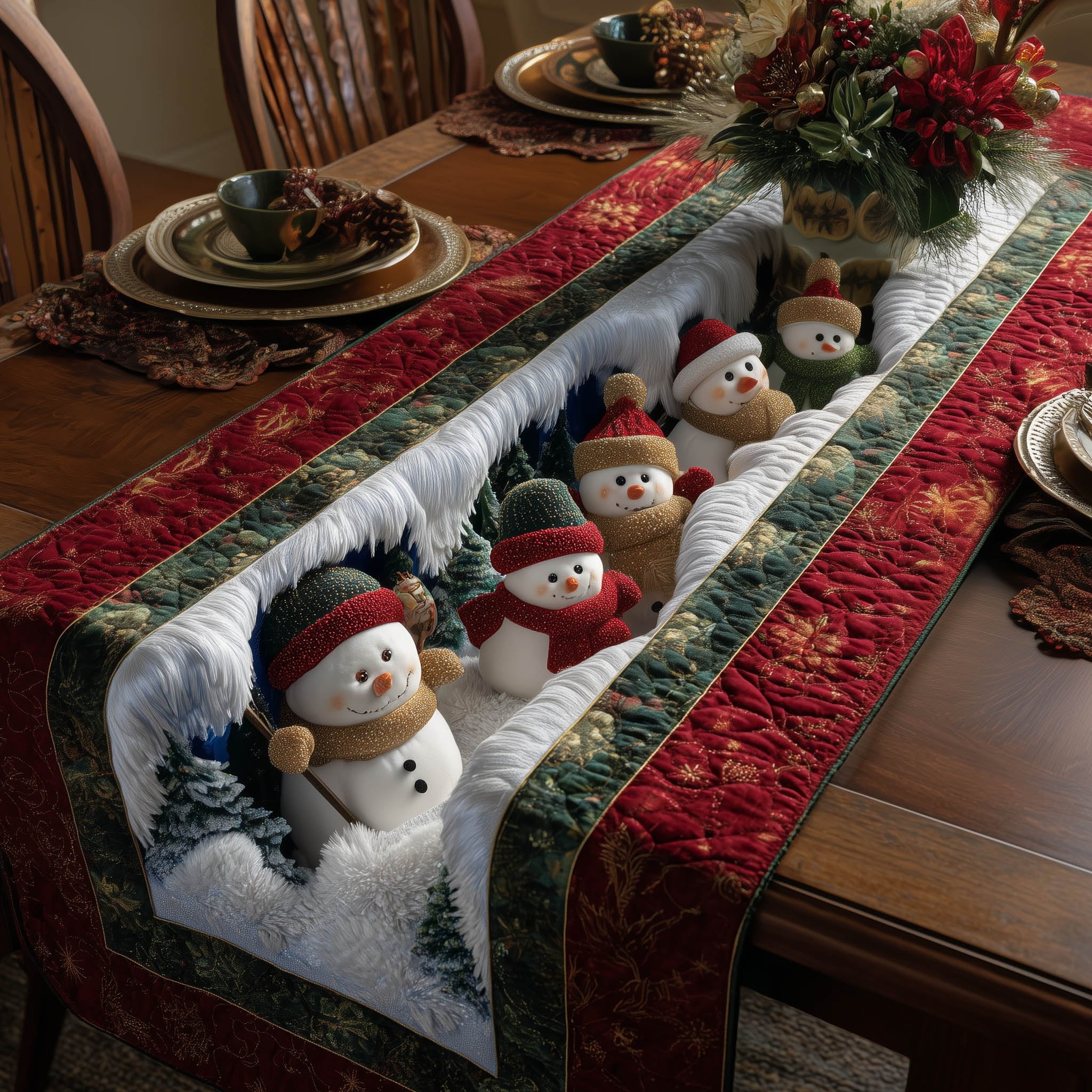 Snowmen on Snowbank with Red Border Table Runner