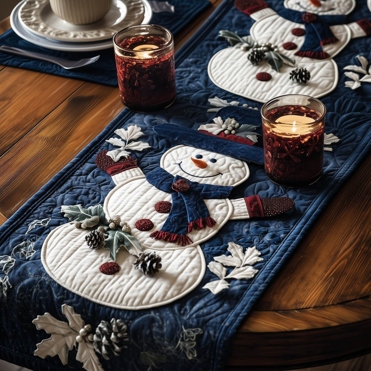 Snowman with Pinecones and Snowflakes Table Runner