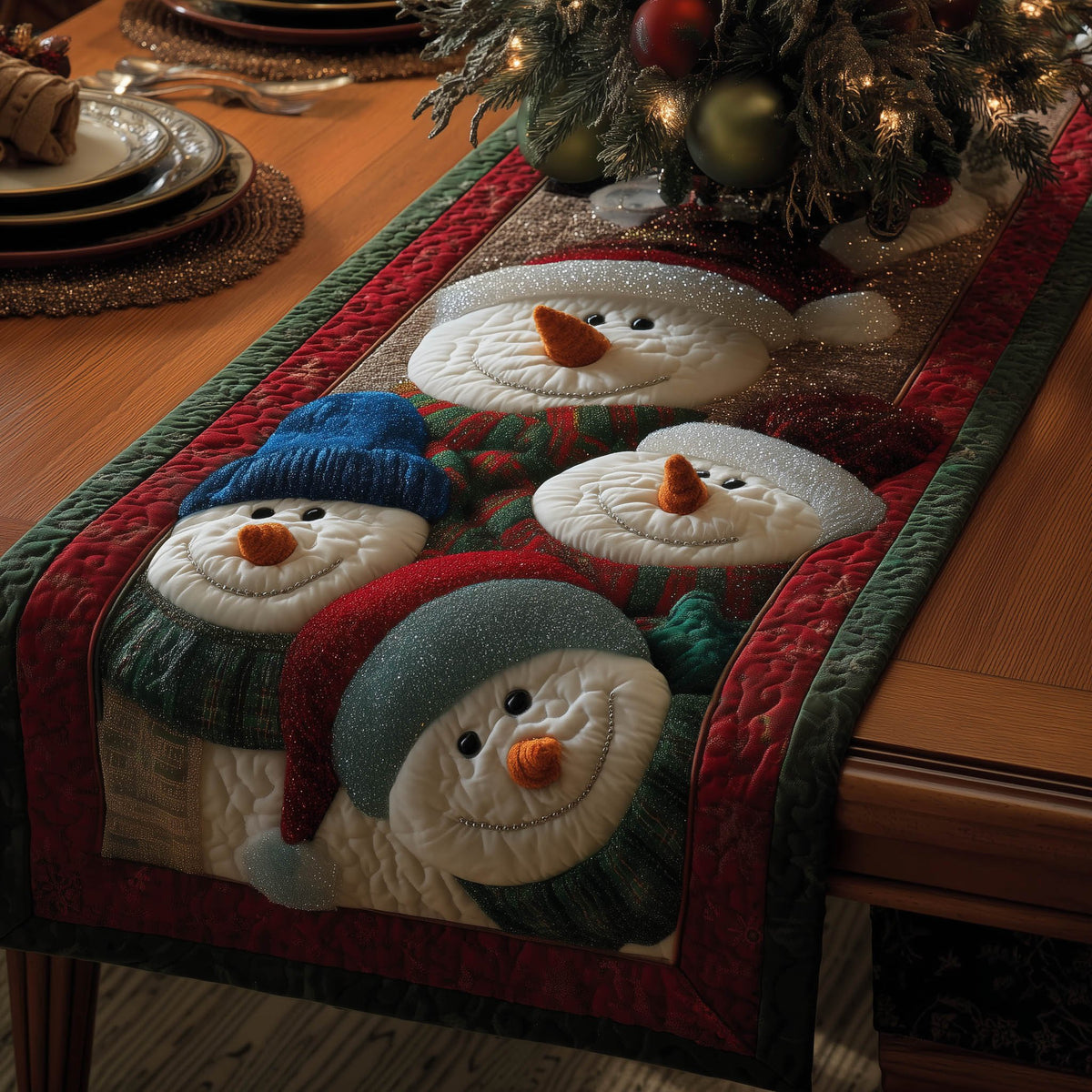 Two Snowmen in Blue Scarves Table Runner