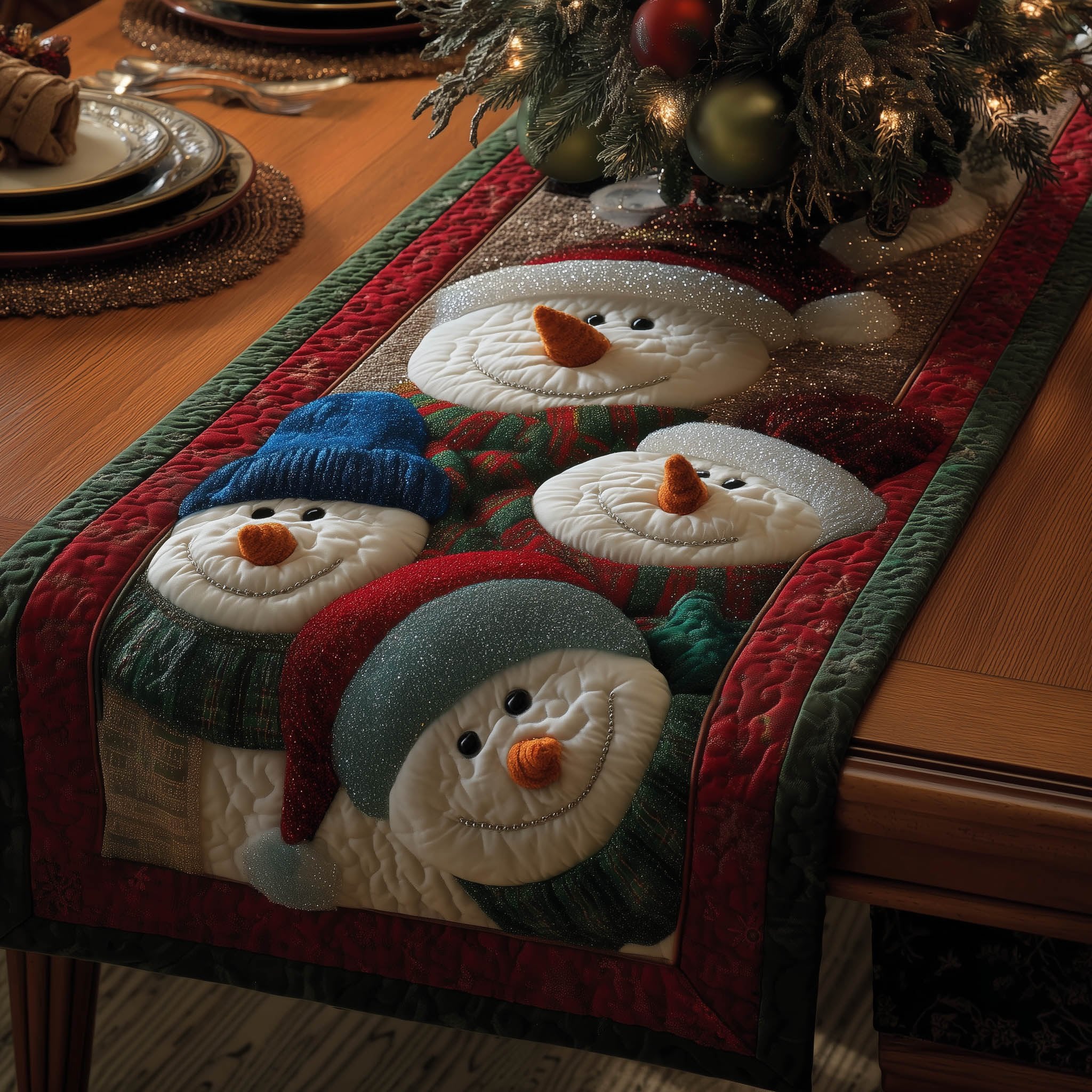 Two Snowmen in Blue Scarves Table Runner