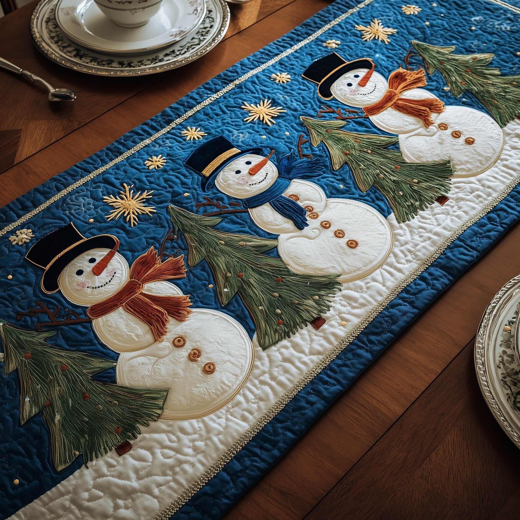 Snowmen with Top Hats on Blue Table Runner