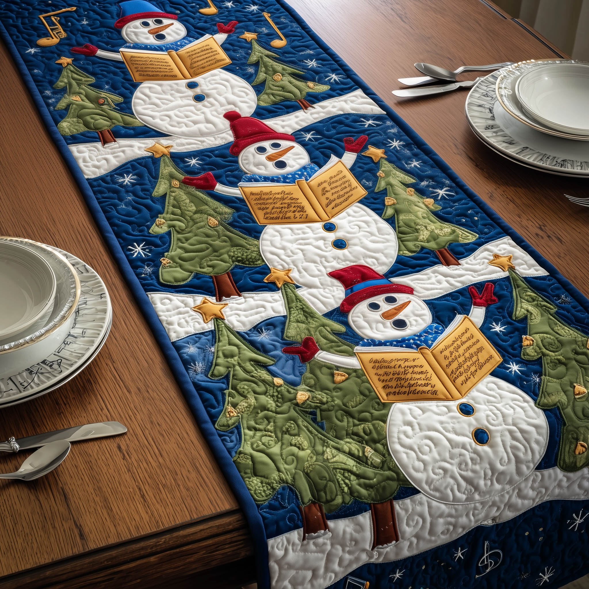 Caroling Snowmen with Green Trees Table Runner