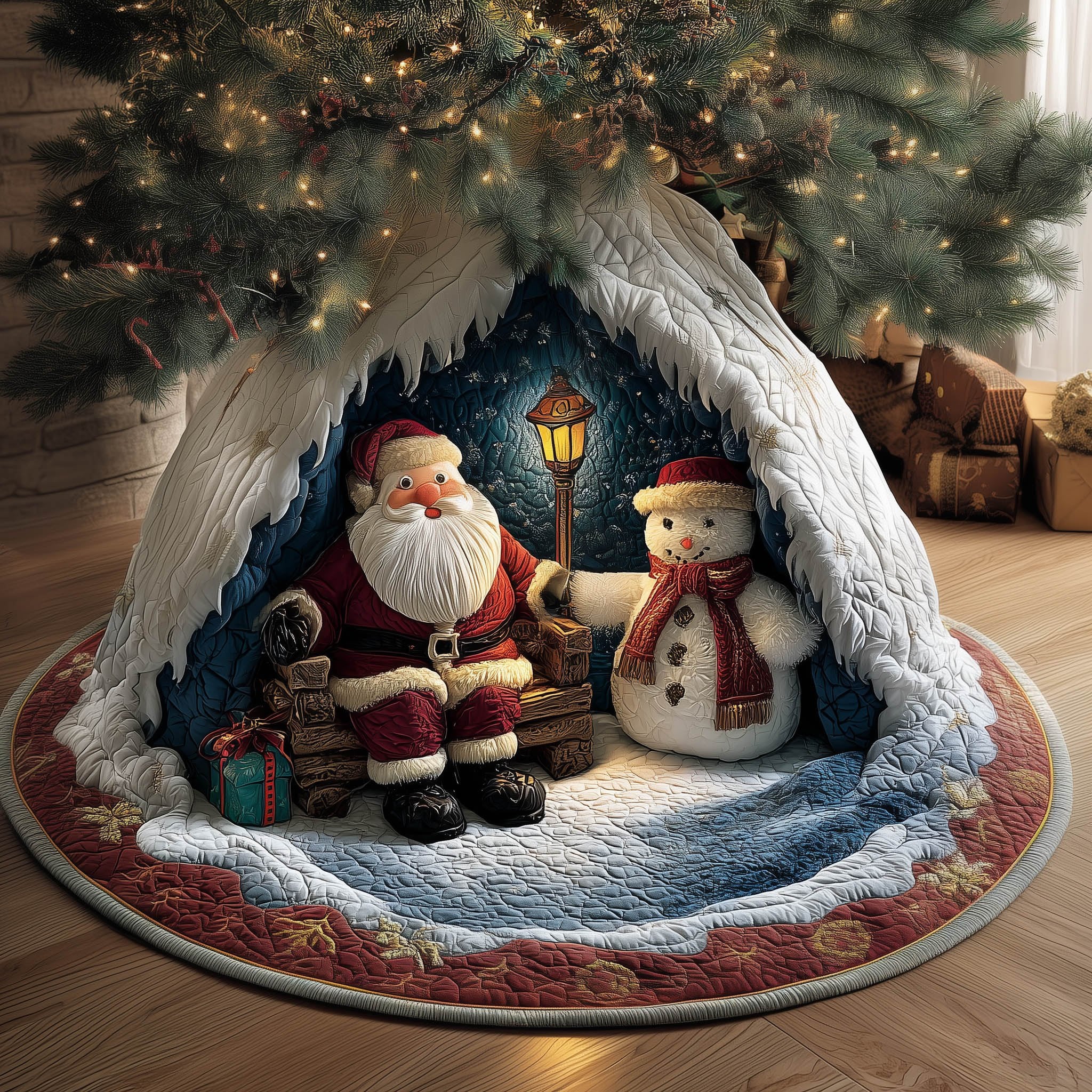 Santa and Snowman on the Bench Christmas Tree Skirt