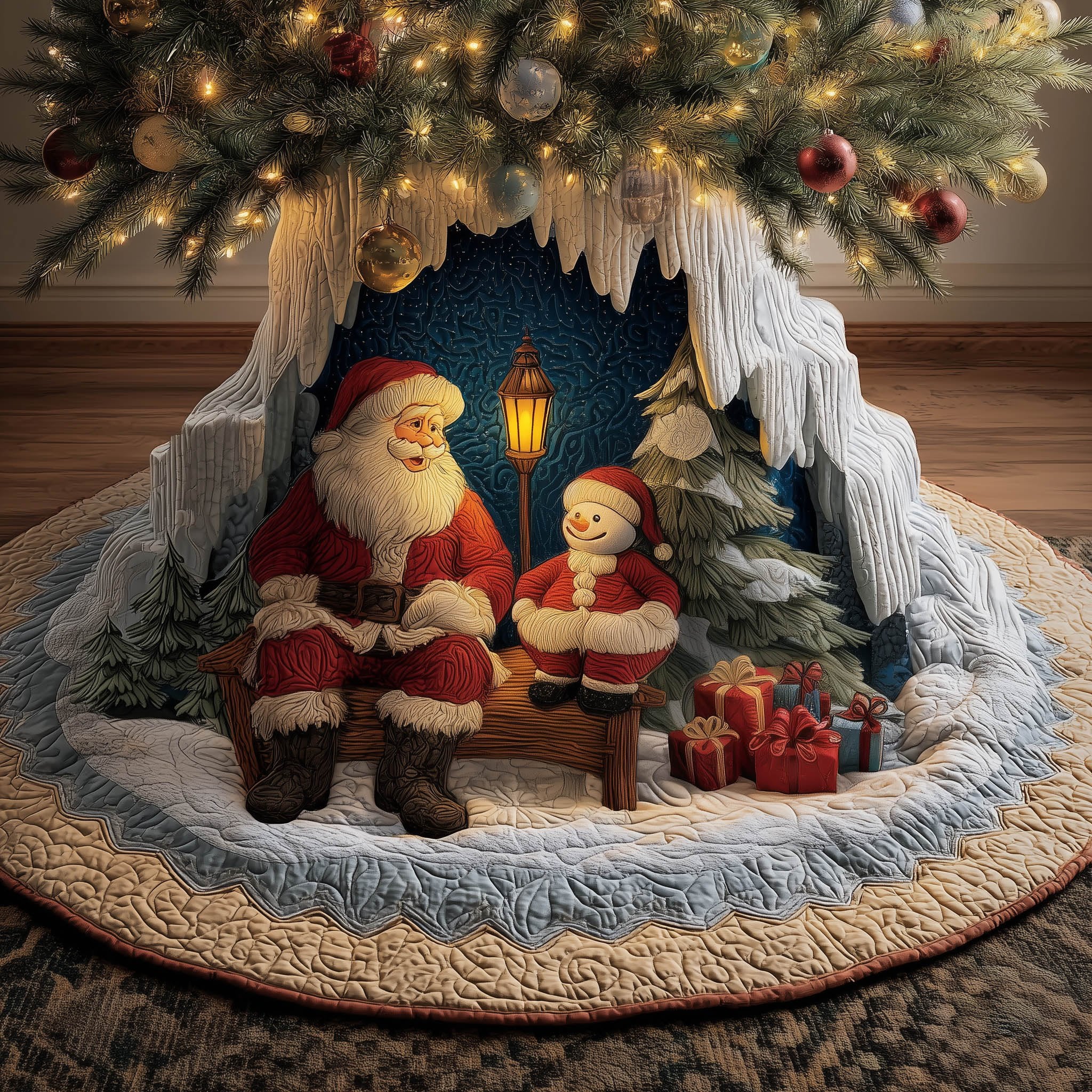 Santa and Snowman in the Ice Cave Christmas Tree Skirt
