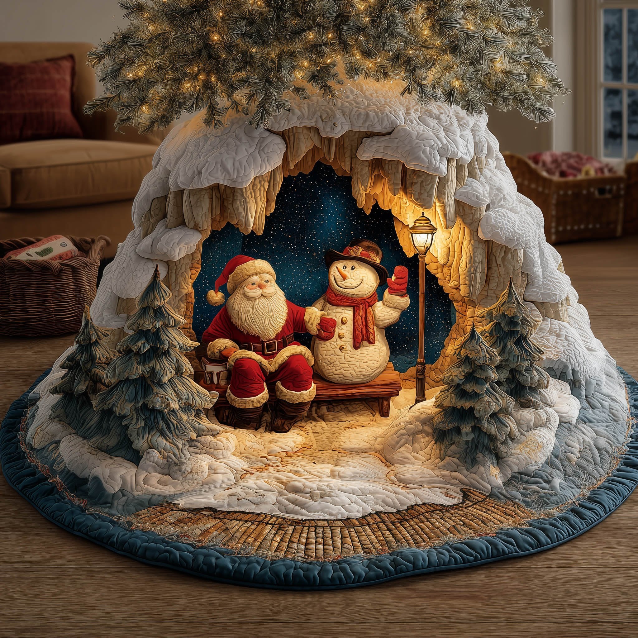 Santa Resting with His Snowman Christmas Tree Skirt