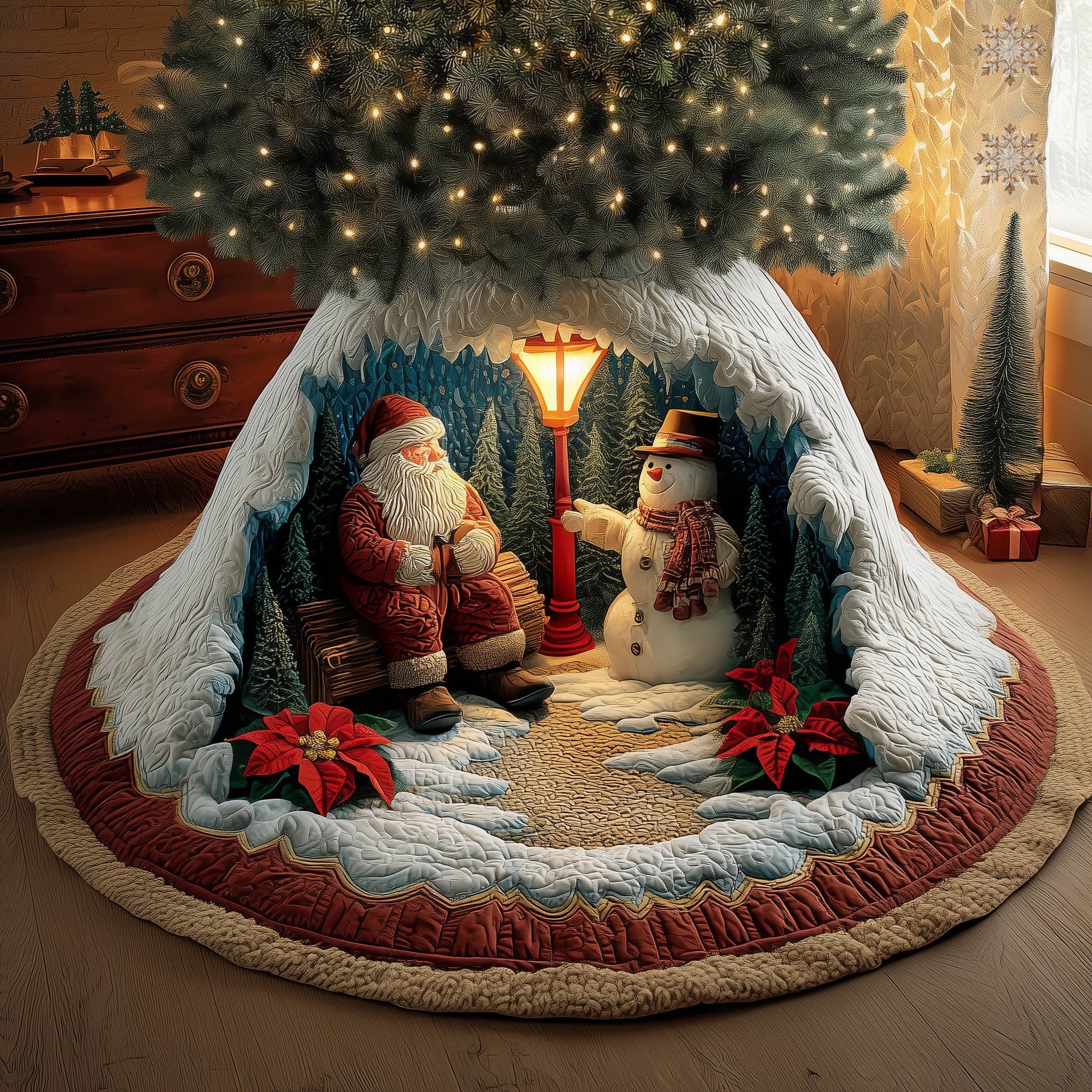 Santa and Snowman by the Lamp Christmas Tree Skirt