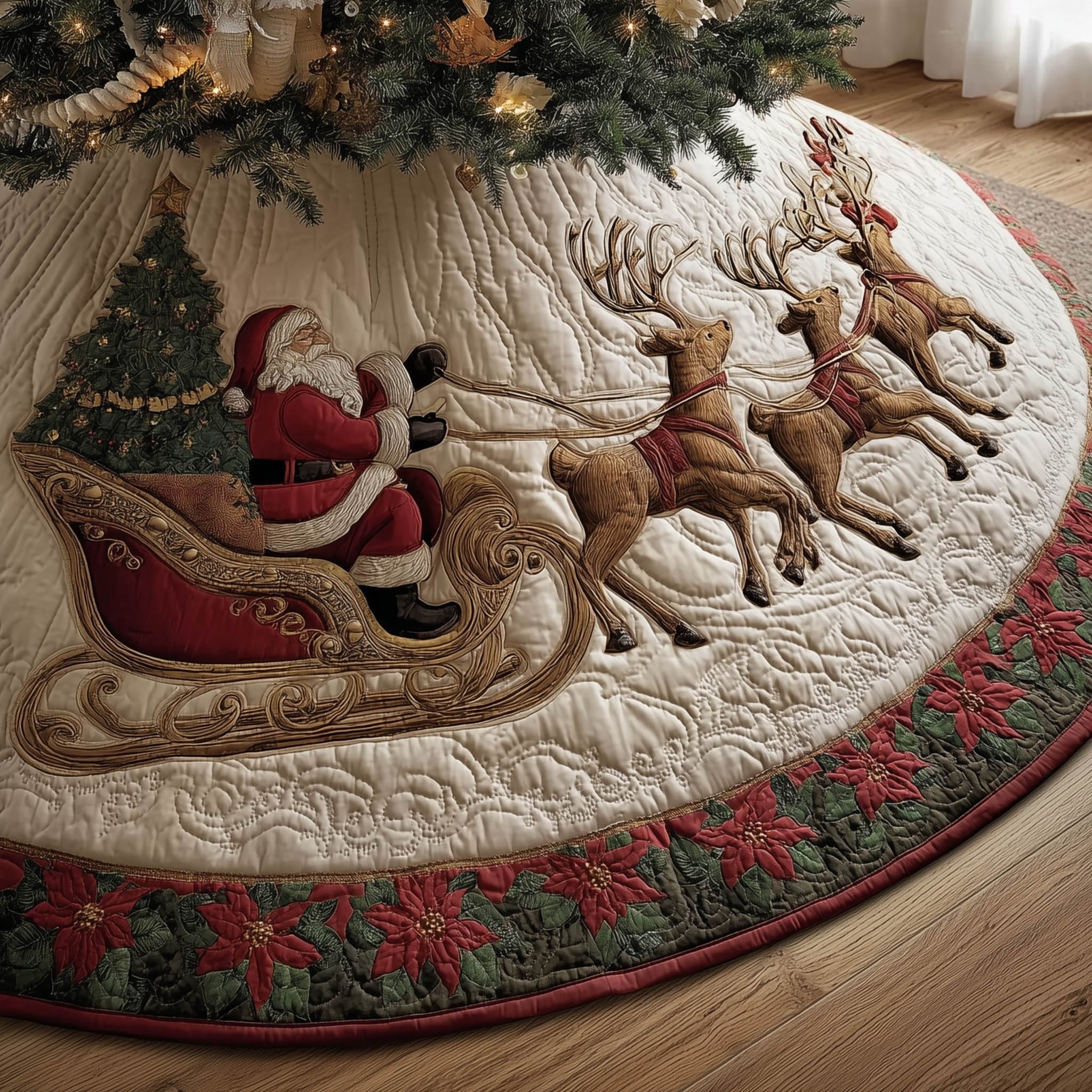 Santa's Sleigh and Reindeer Team Christmas Tree Skirt