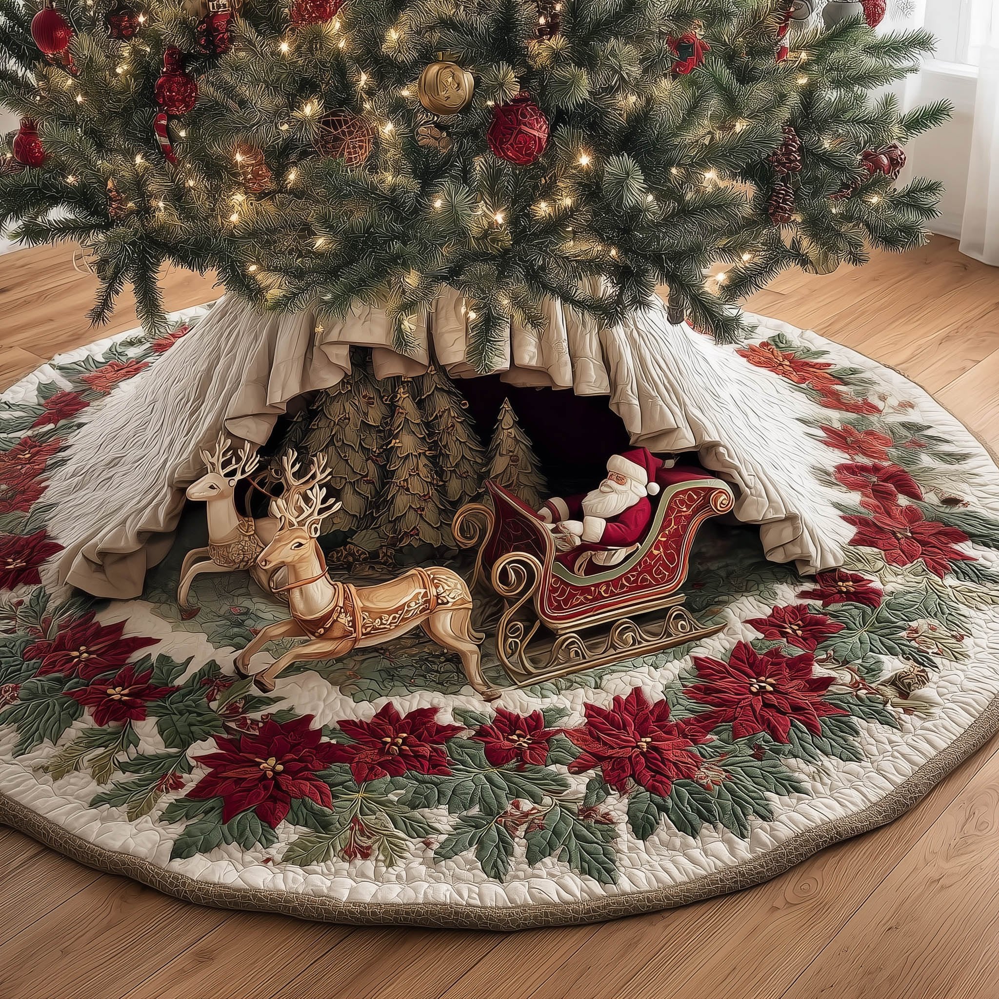 Sleigh in the Poinsettia Ring Christmas Tree Skirt