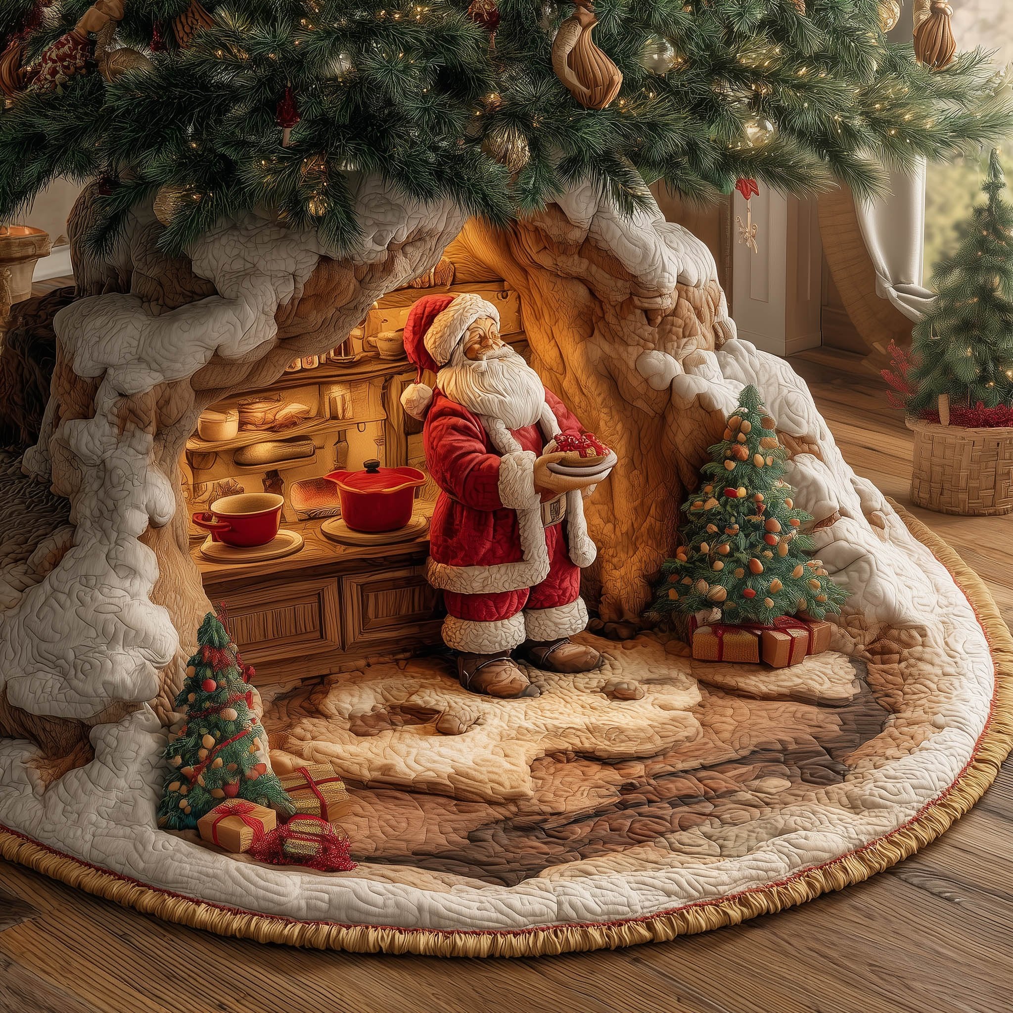 Santa Baking in the Tree Kitchen Christmas Tree Skirt