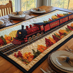 Red Train Through Autumn Woods Table Runner