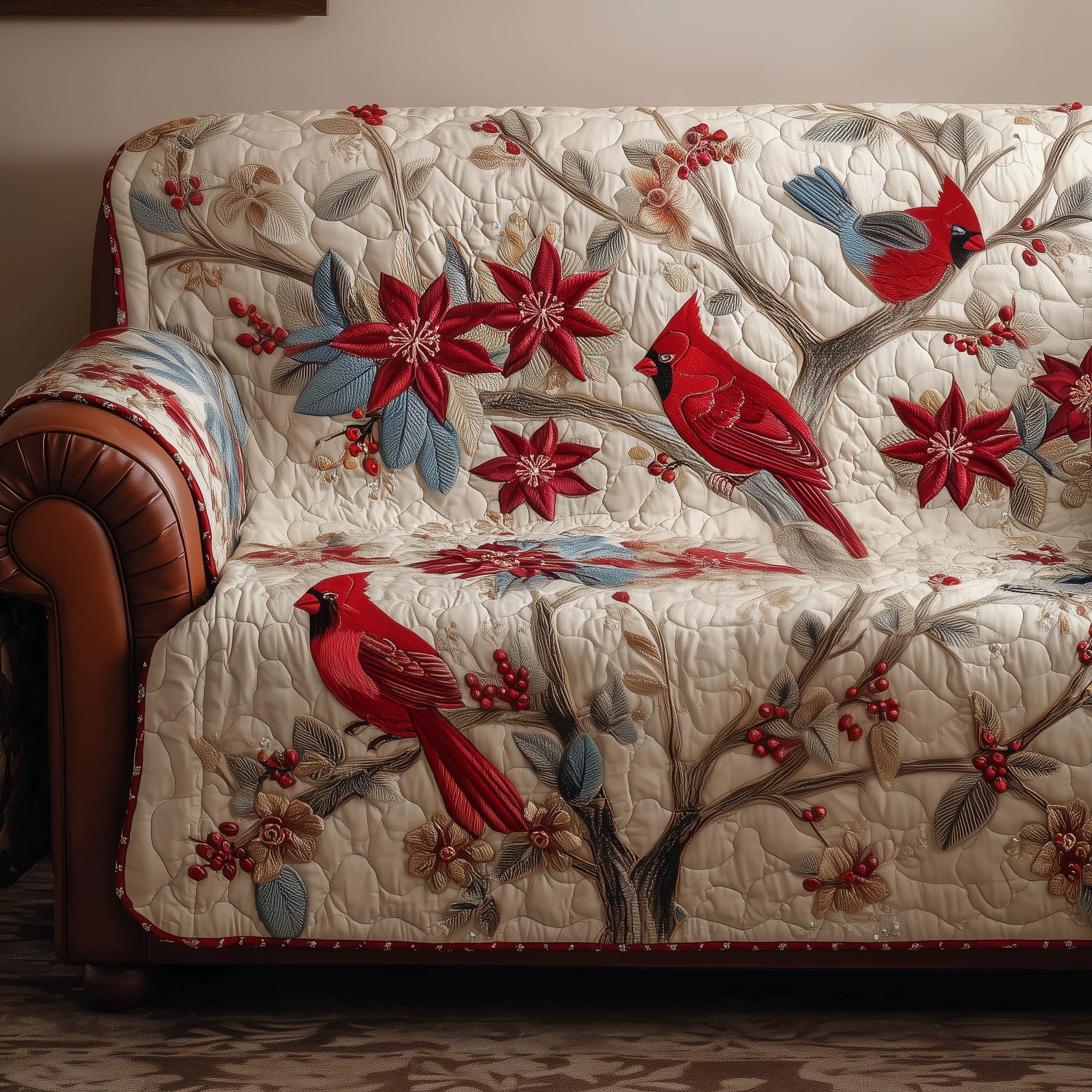 Cardinals Among the Red Poinsettias Sofa Cover