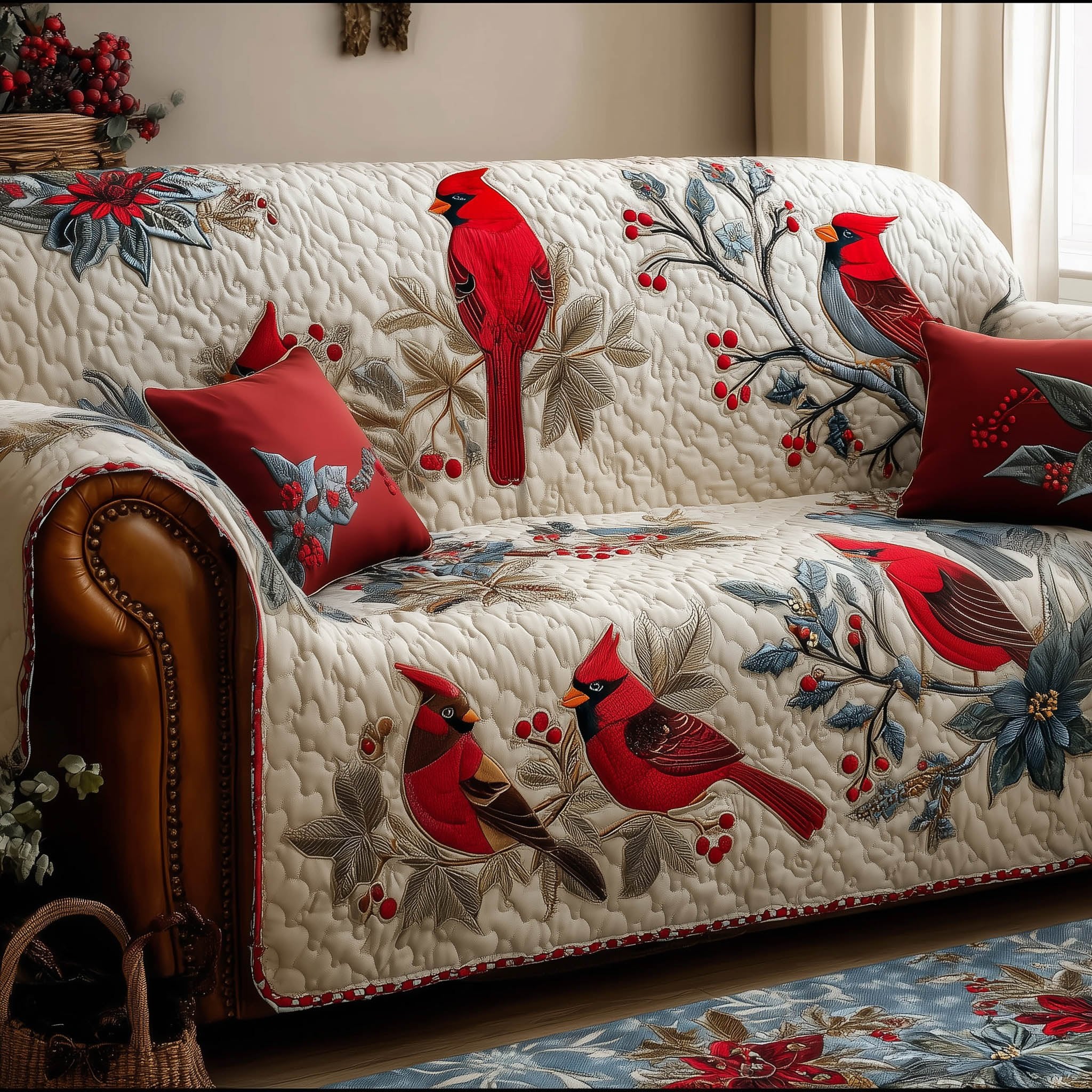 Cardinals on the Winter Berry Branch Sofa Cover