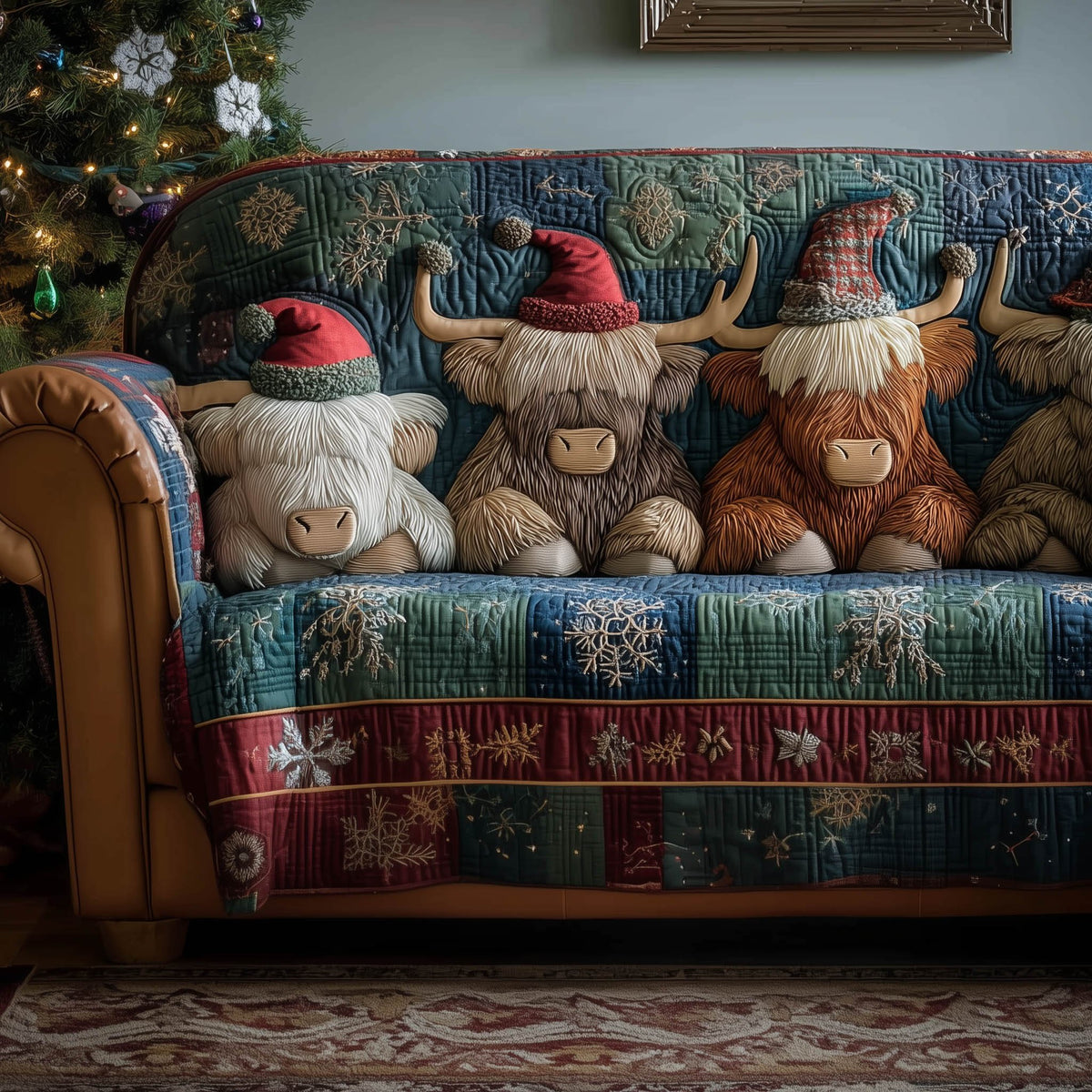 Highland Cows in Santa Hats on Blue Patchwork Sofa Cover
