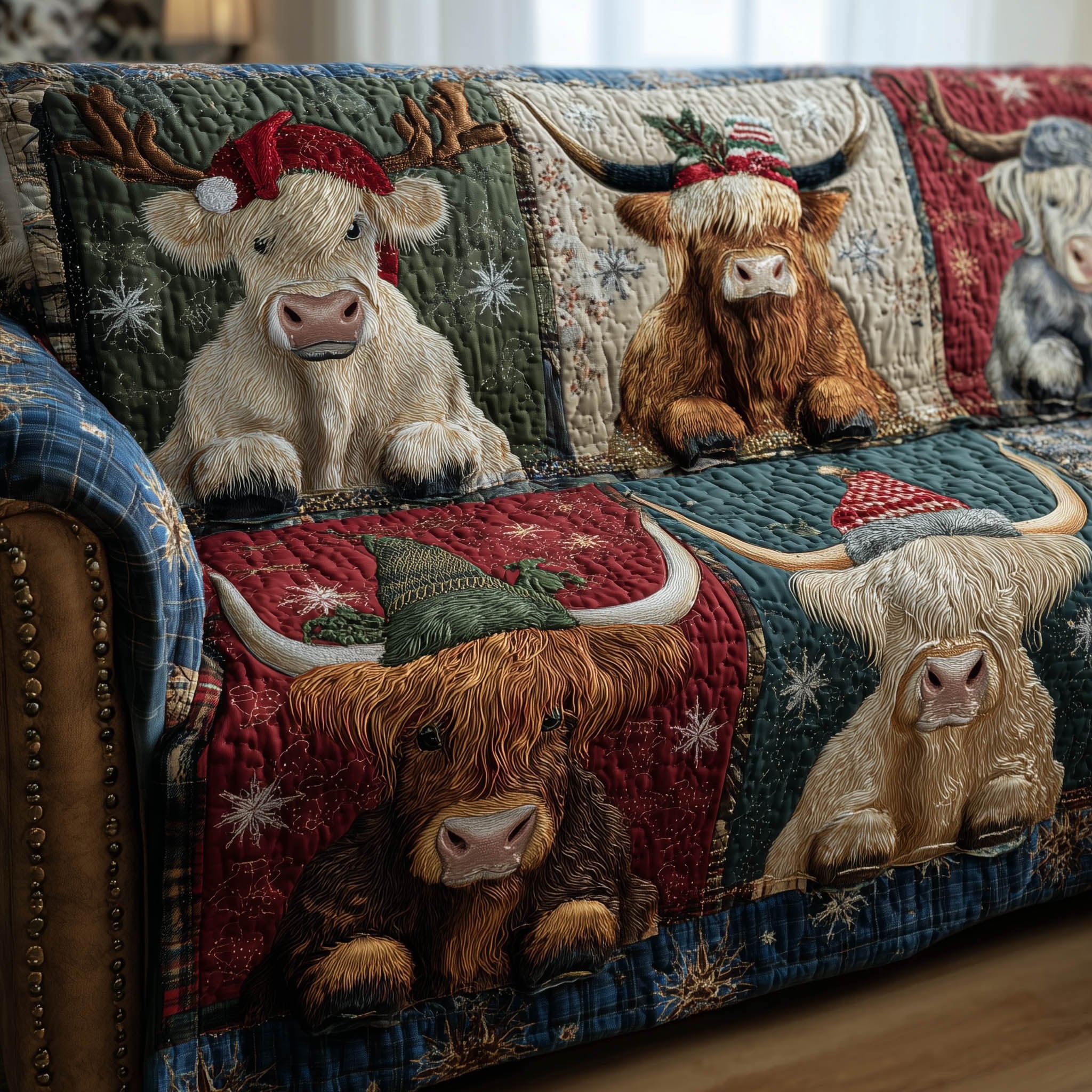 Highland Cows on Red and Blue Squares Sofa Cover