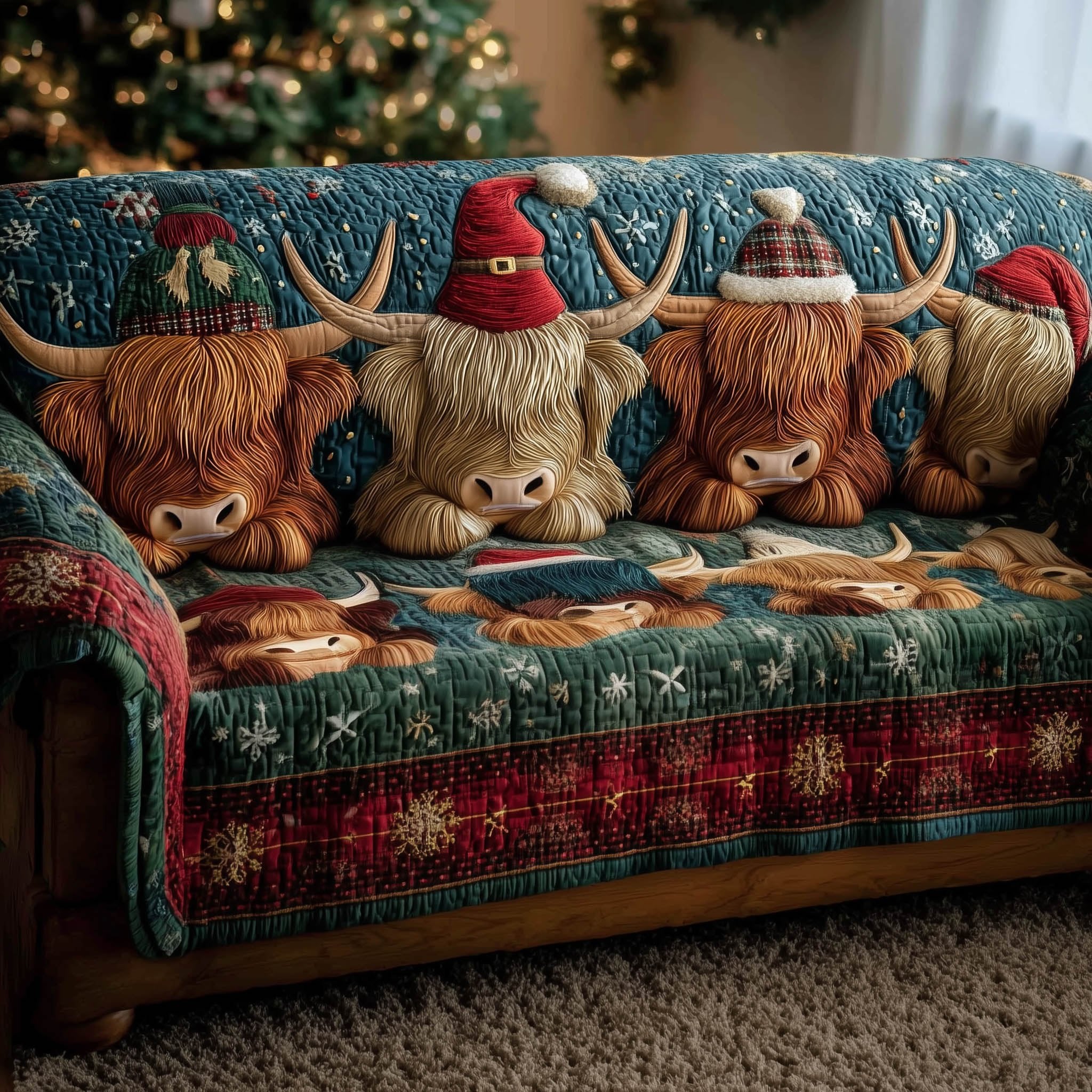 Highland Cows in Red Hats on Teal Sofa Cover