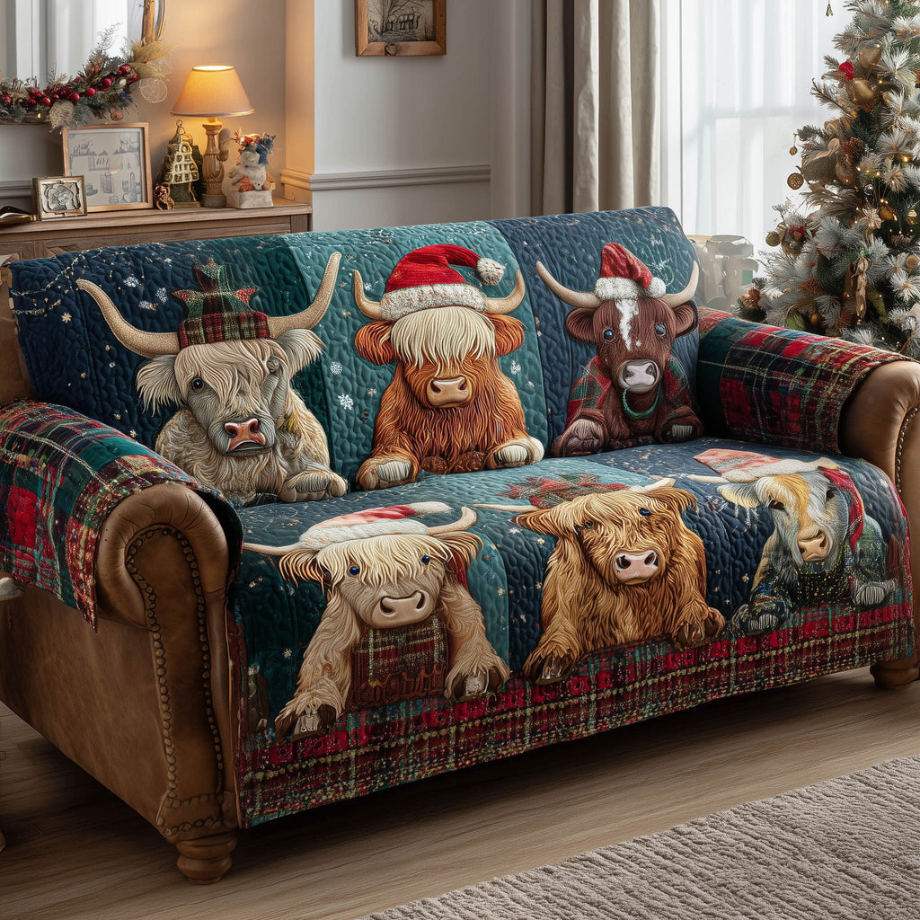 Highland Cows on the Blue Plaid Quilt Sofa Cover