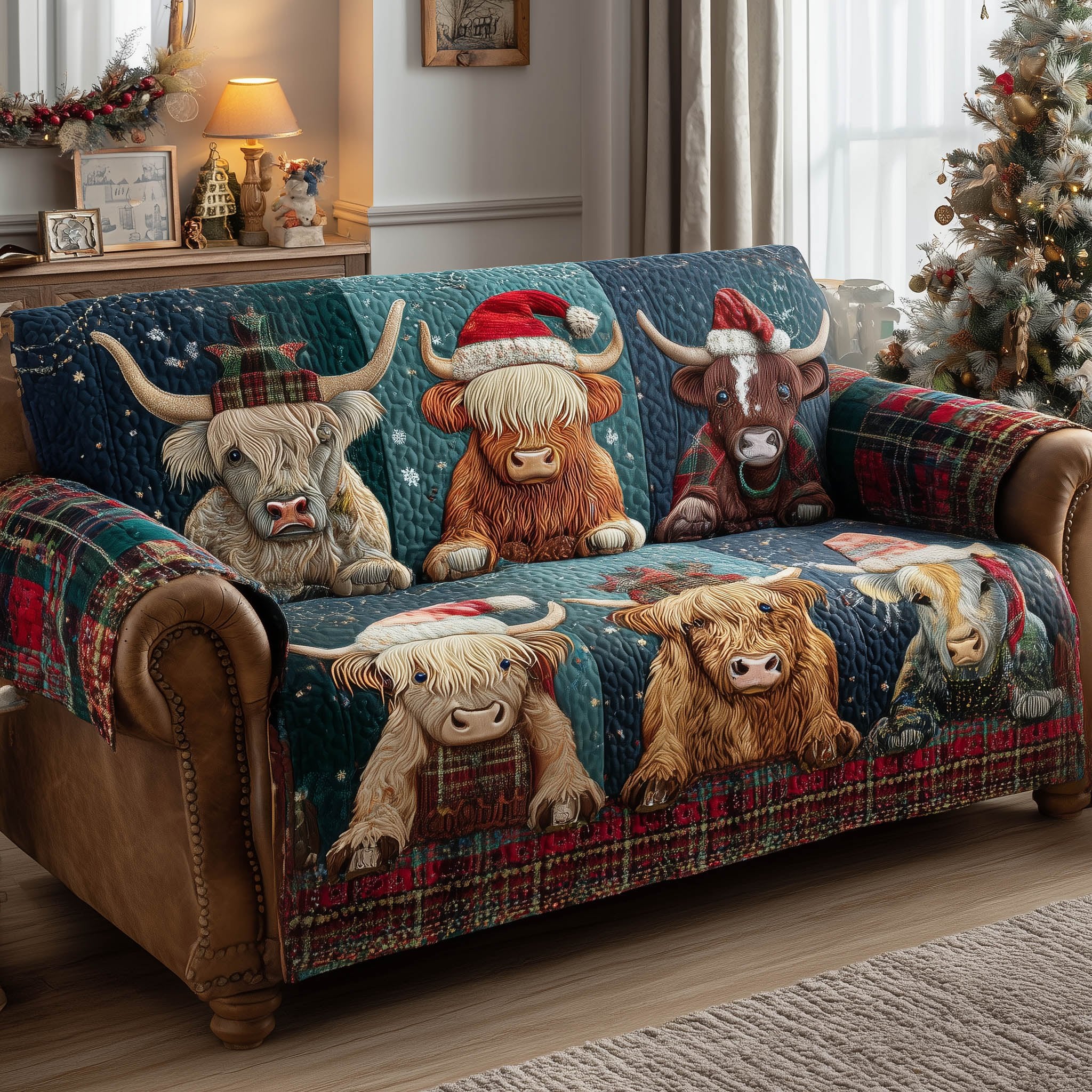 Highland Cows on the Blue Plaid Quilt Sofa Cover