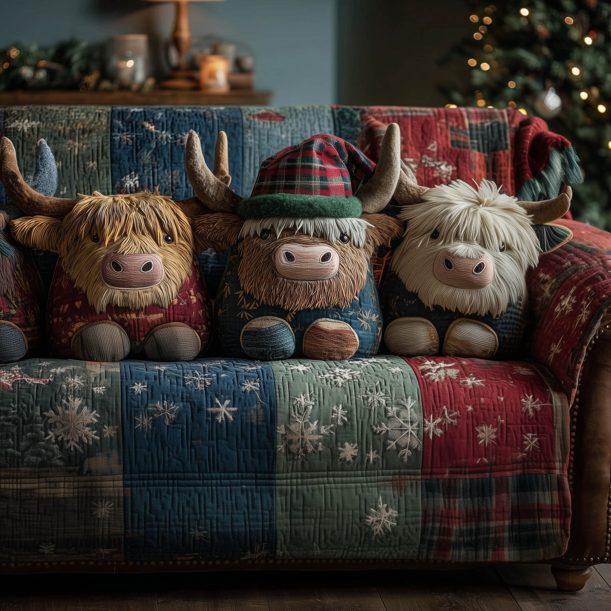 Highland Cows in Green Hats on Winter Patchwork Sofa Cover