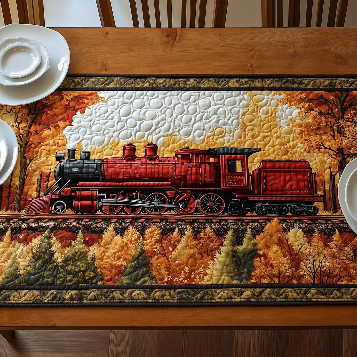 Red Locomotive with Fall Foliage Table Runner