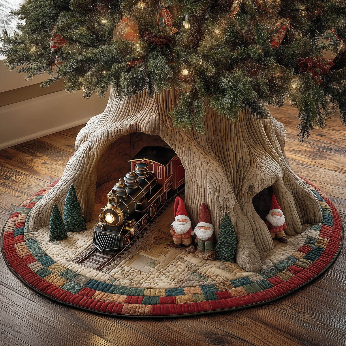 Train and Gnomes in the Tunnel Christmas Tree Skirt