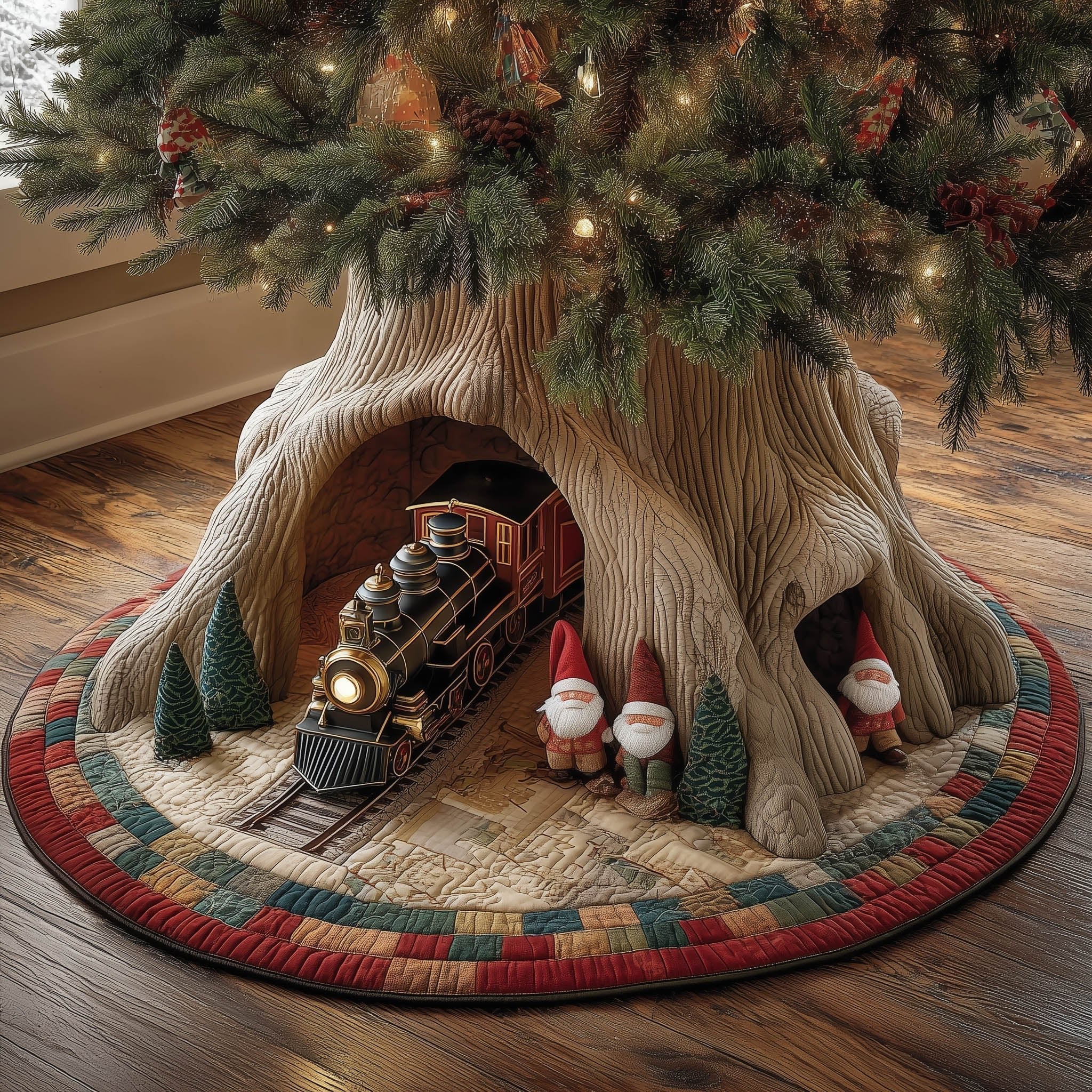 Train and Gnomes in the Tunnel Christmas Tree Skirt