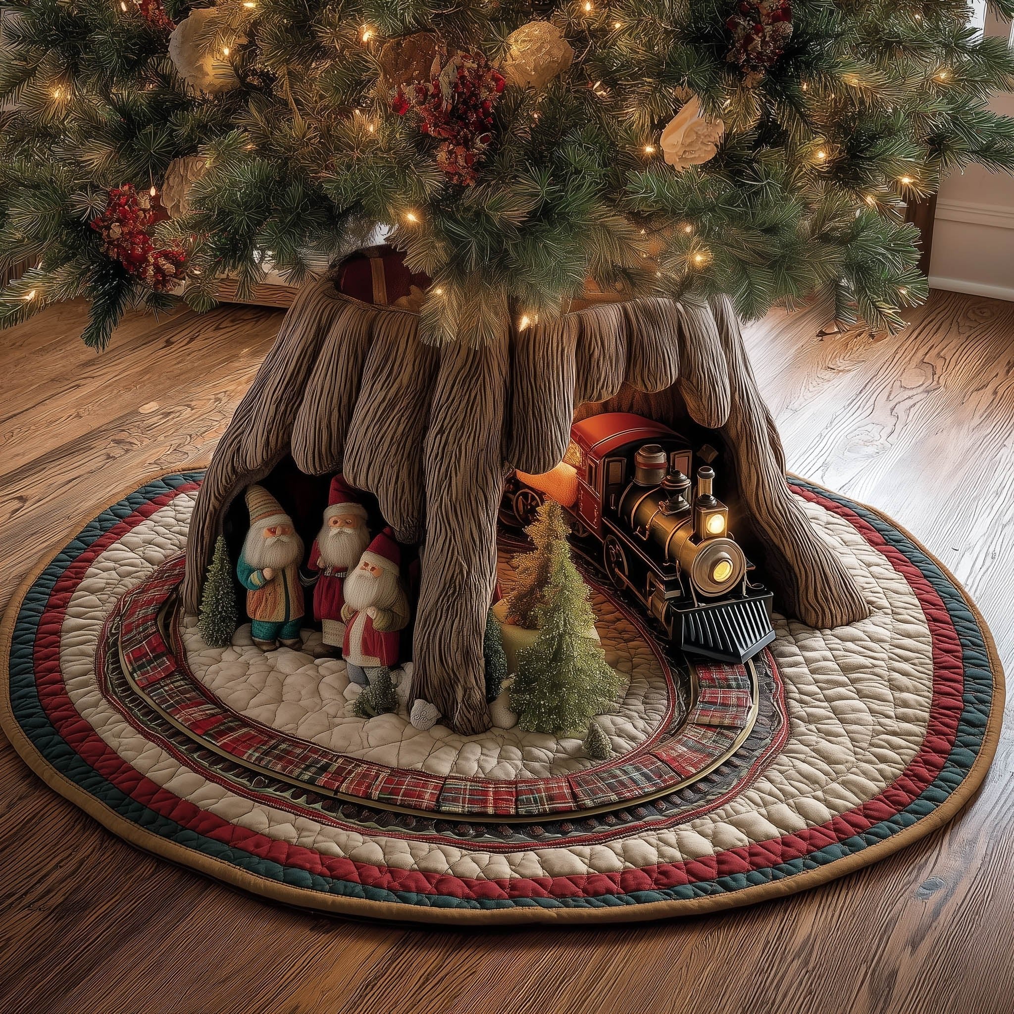 Train with Gnomes Plaid Border Christmas Tree Skirt